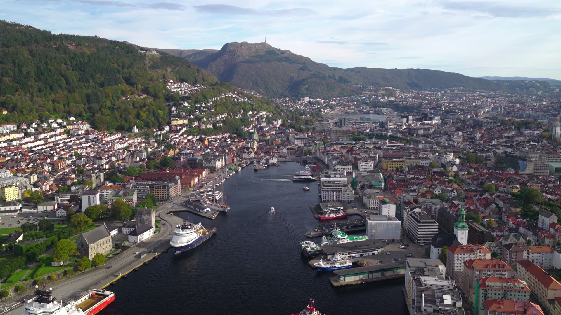 Spring or summer and bird's eye view, Bryggen