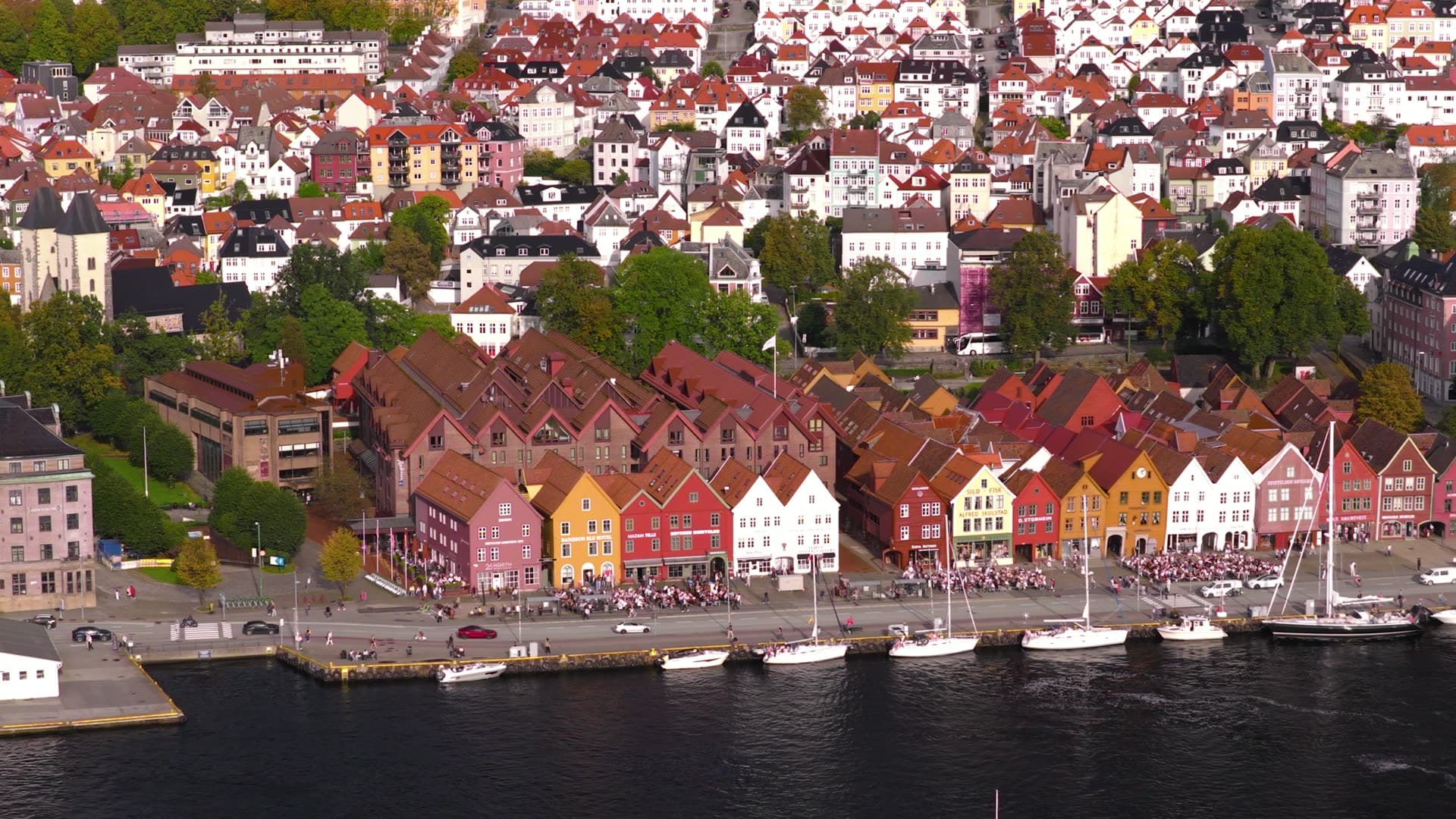 Red tile roofs and bird's eye view, Bryggen