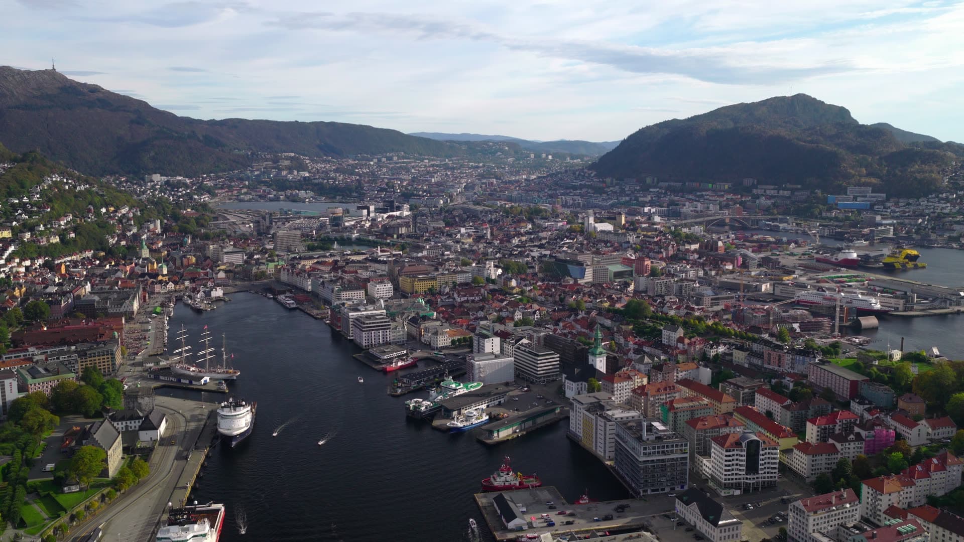 Active harbor with diverse maritime traffic, Bryggen, Bergen, Norway