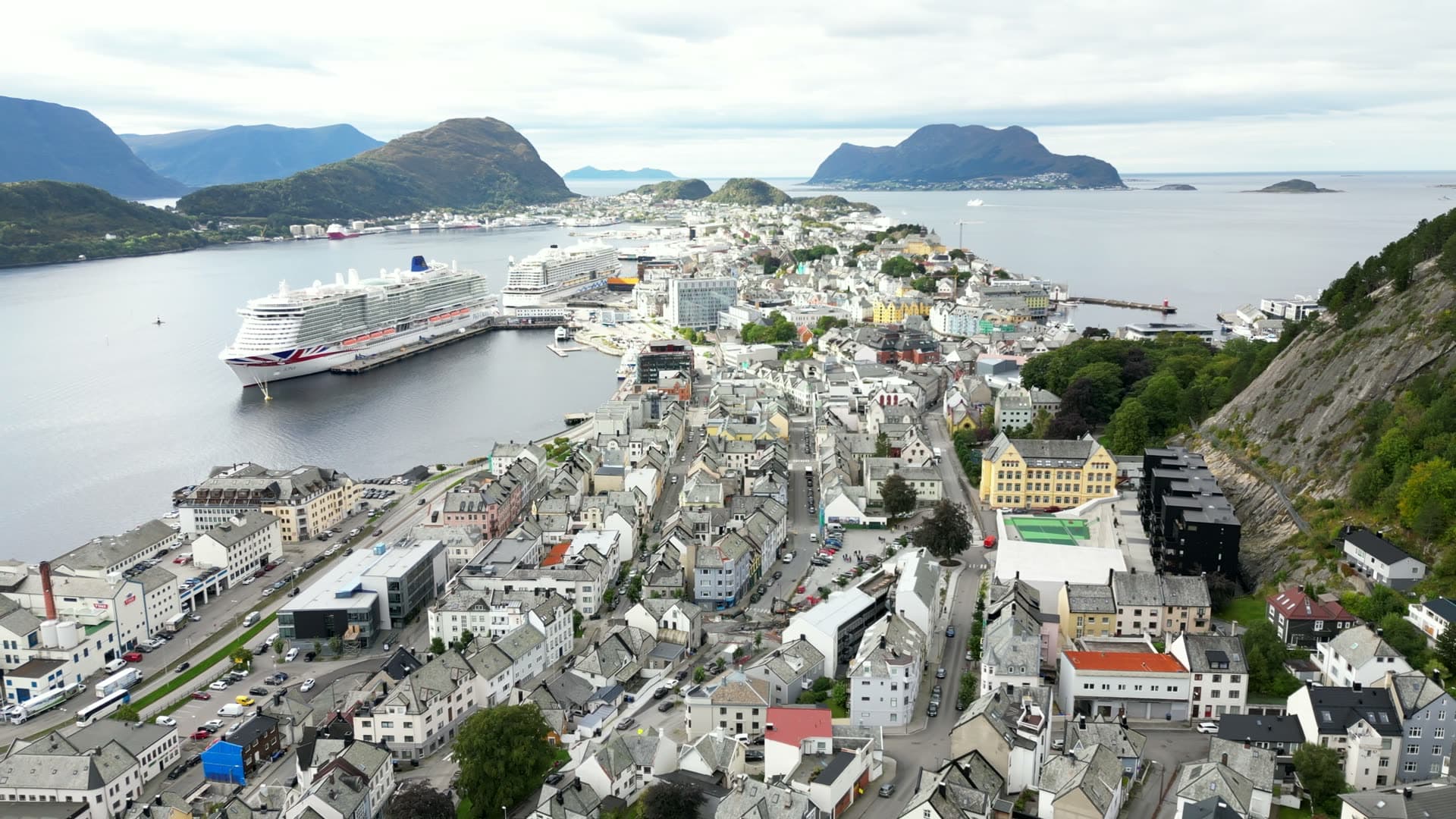 Aerial panorama of Ålesund city centre and harbour