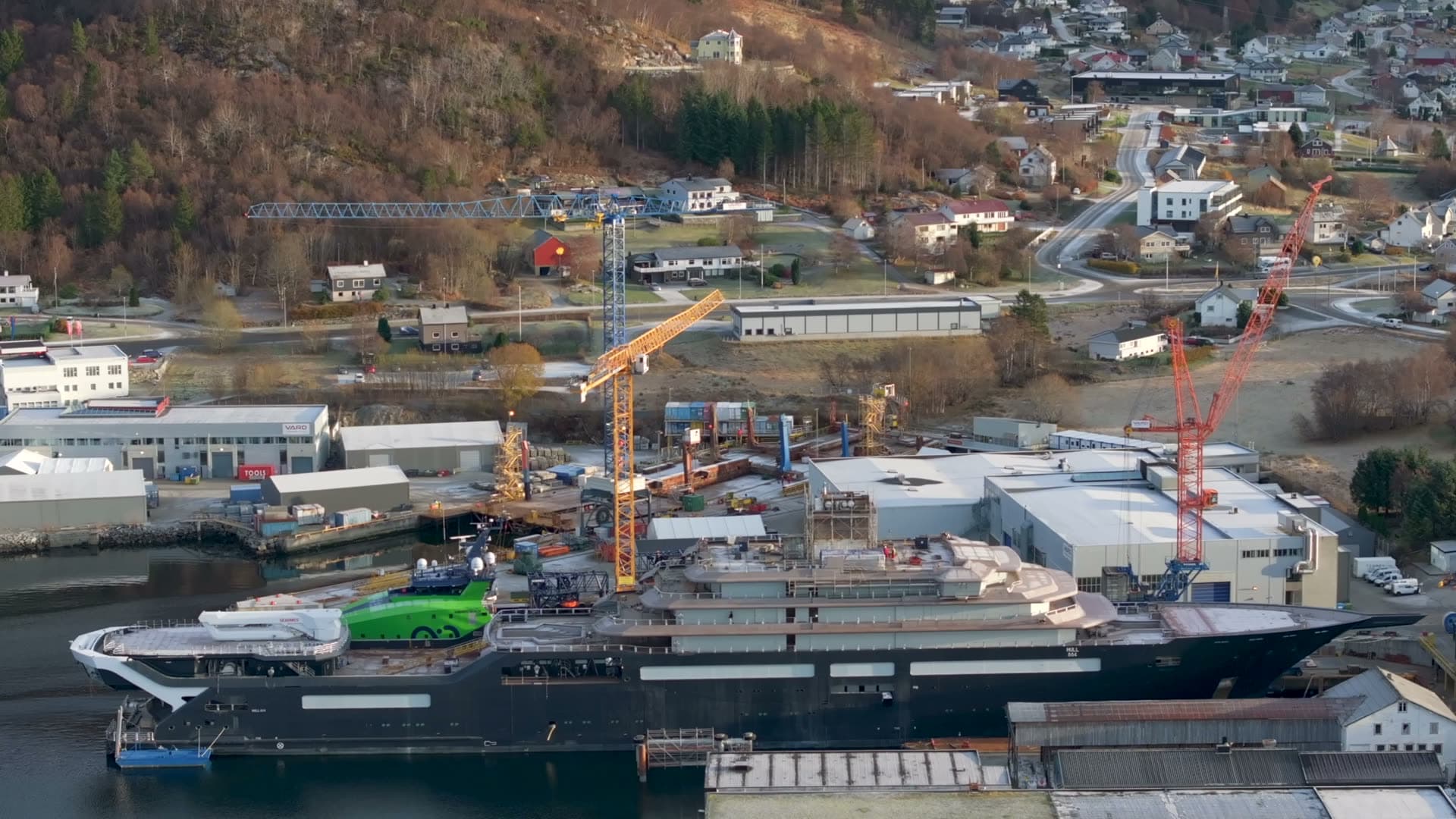 Side profile of REV Ocean at Vard Søviknes shipyard