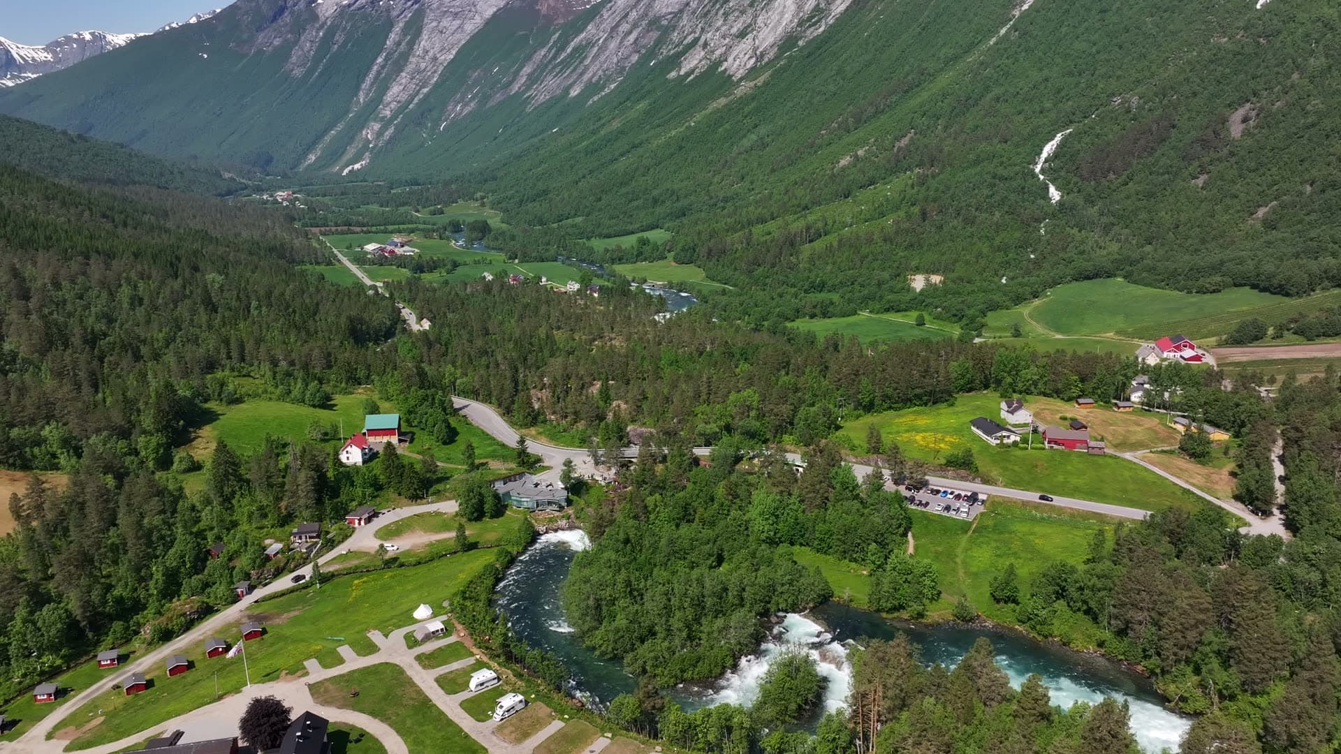 Gudbrandsjuvet river, campground and mountain valley from above