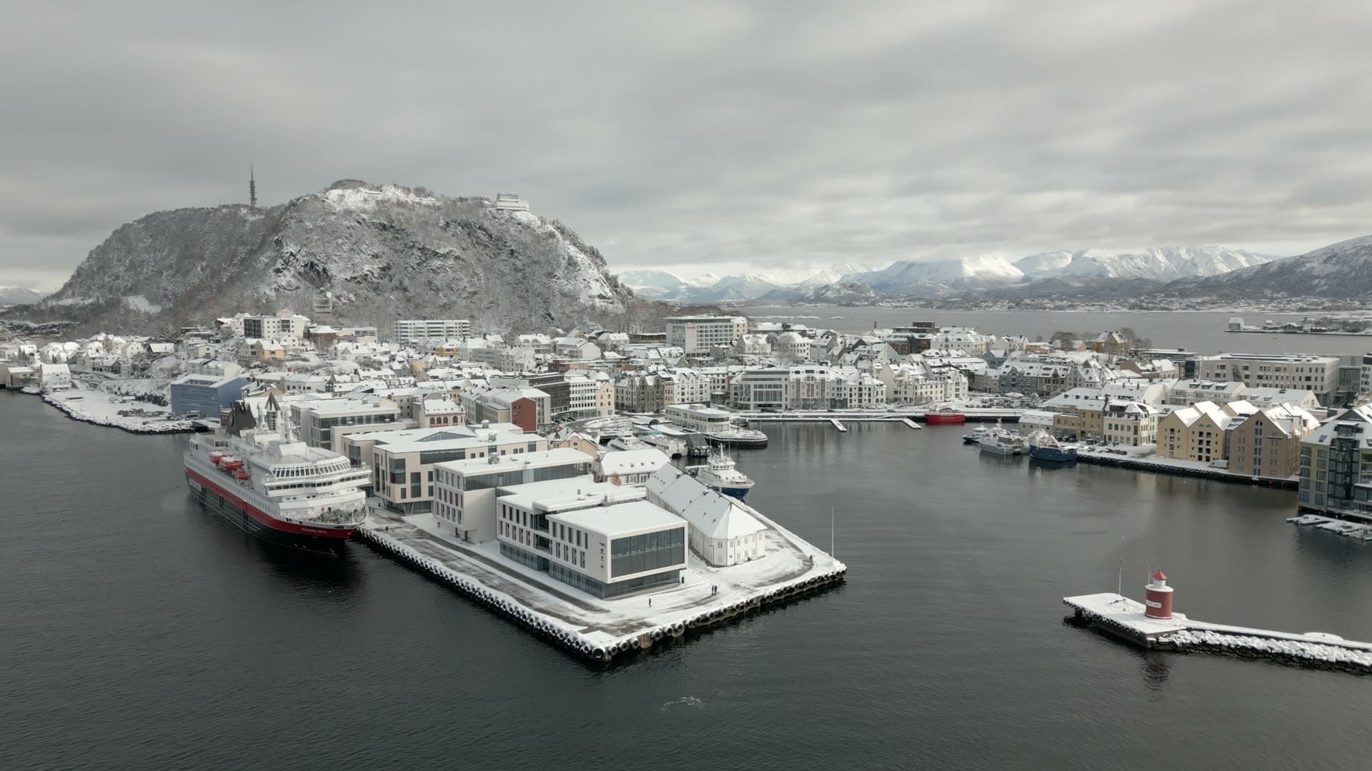 Wide winter aerial view of Richard With and Ålesund harbour