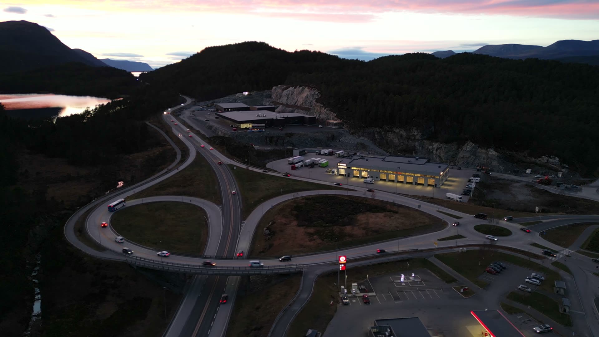 Digernes interchange beneath pink evening clouds