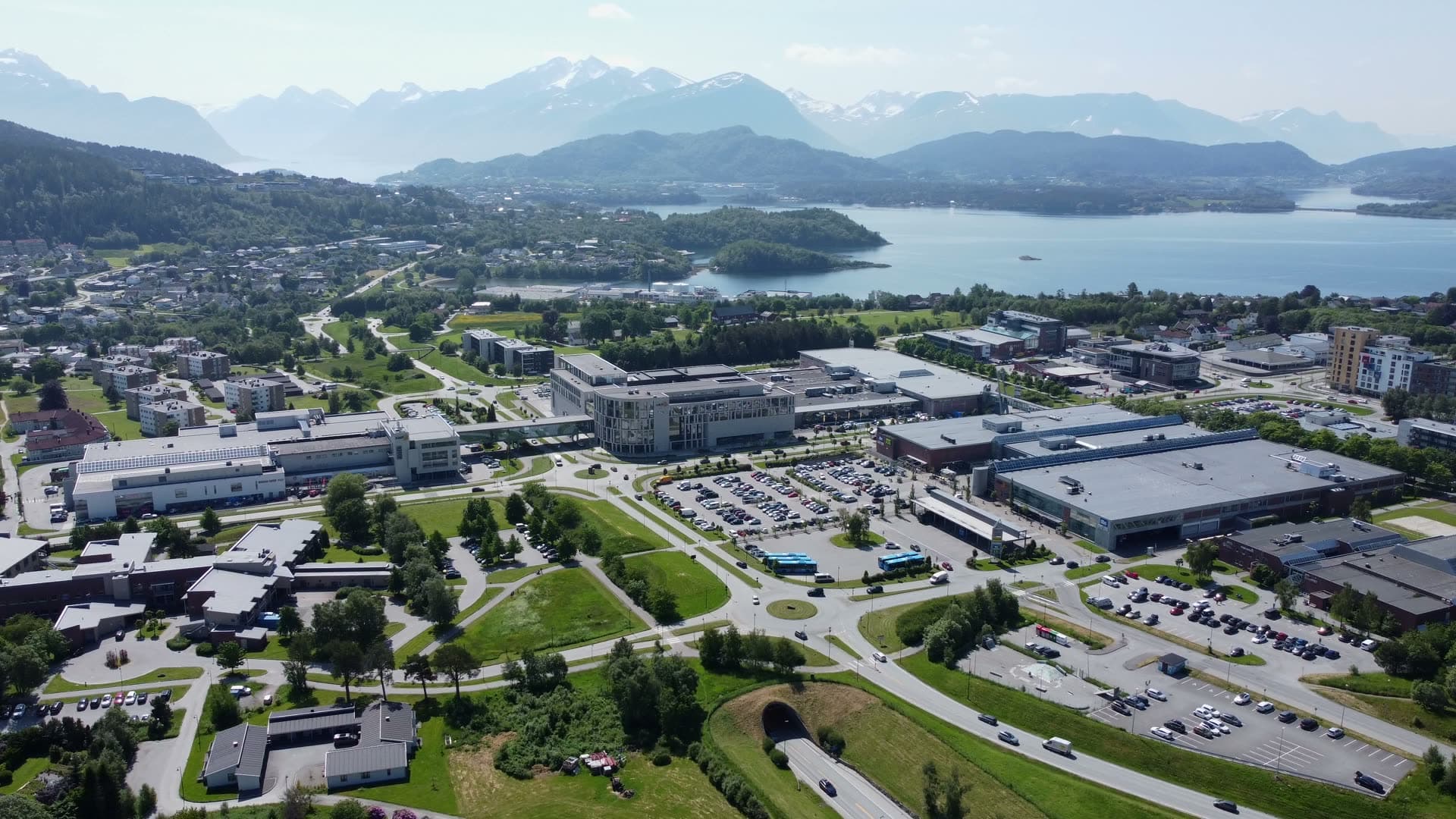 Wide aerial overview of Moa shopping district in Ålesund