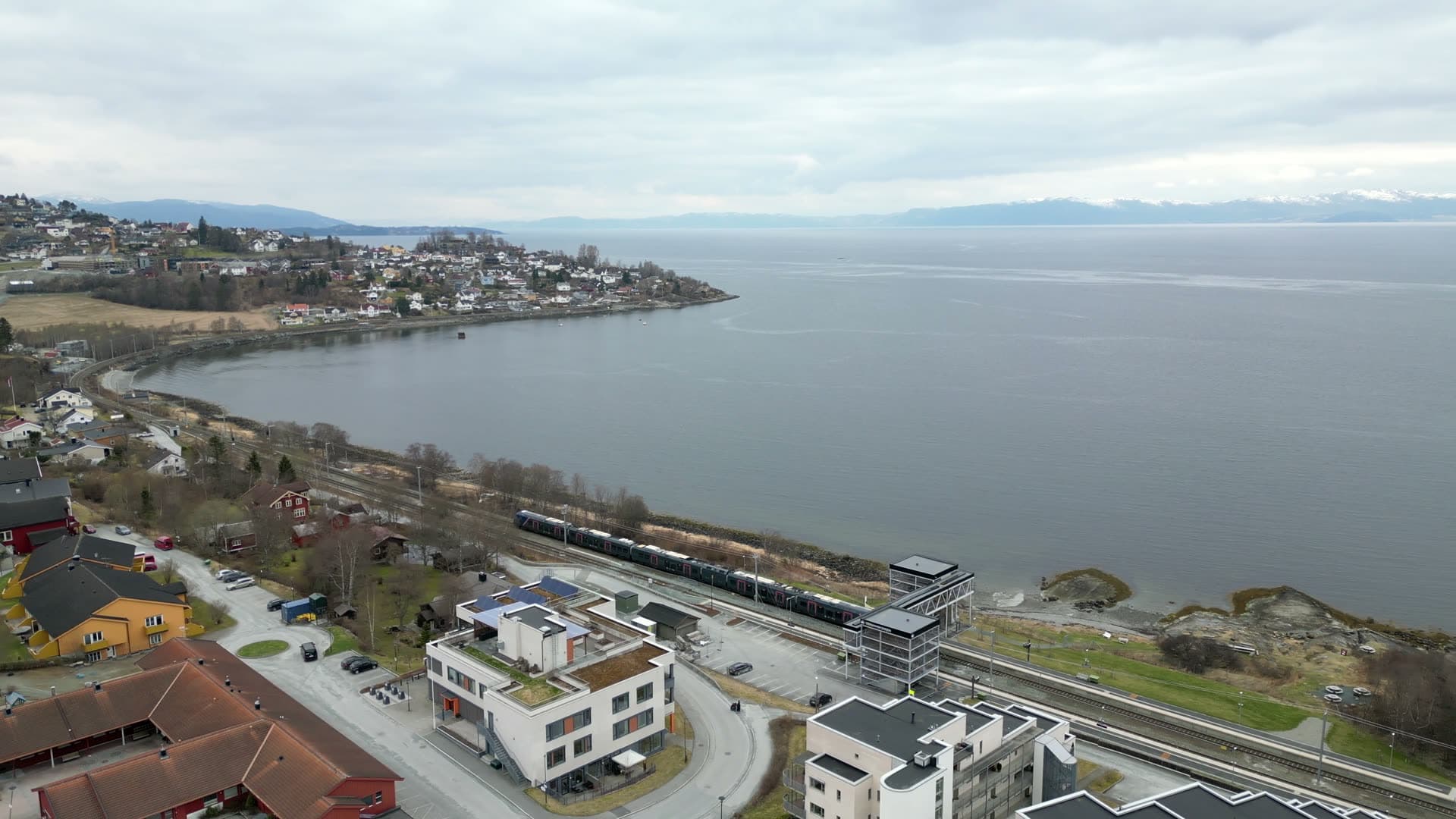Passenger train at Vikhammer beside Trondheimsfjorden