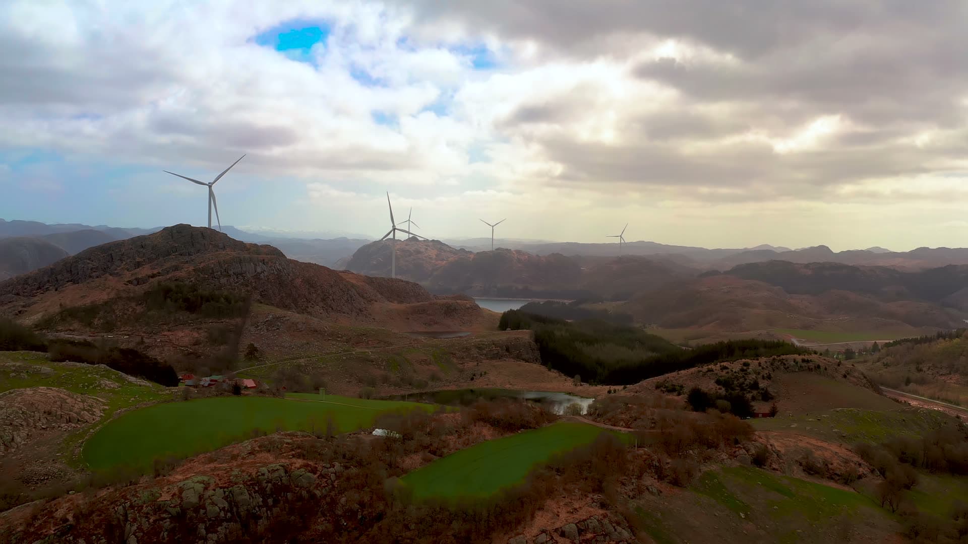 Wind farm on rolling hillside, Ålgård