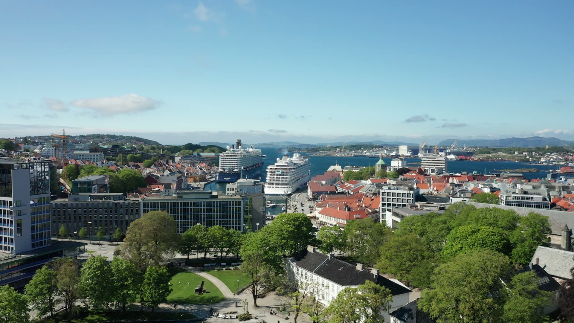 Cruise ships in harbor with waterfront city, Stavanger