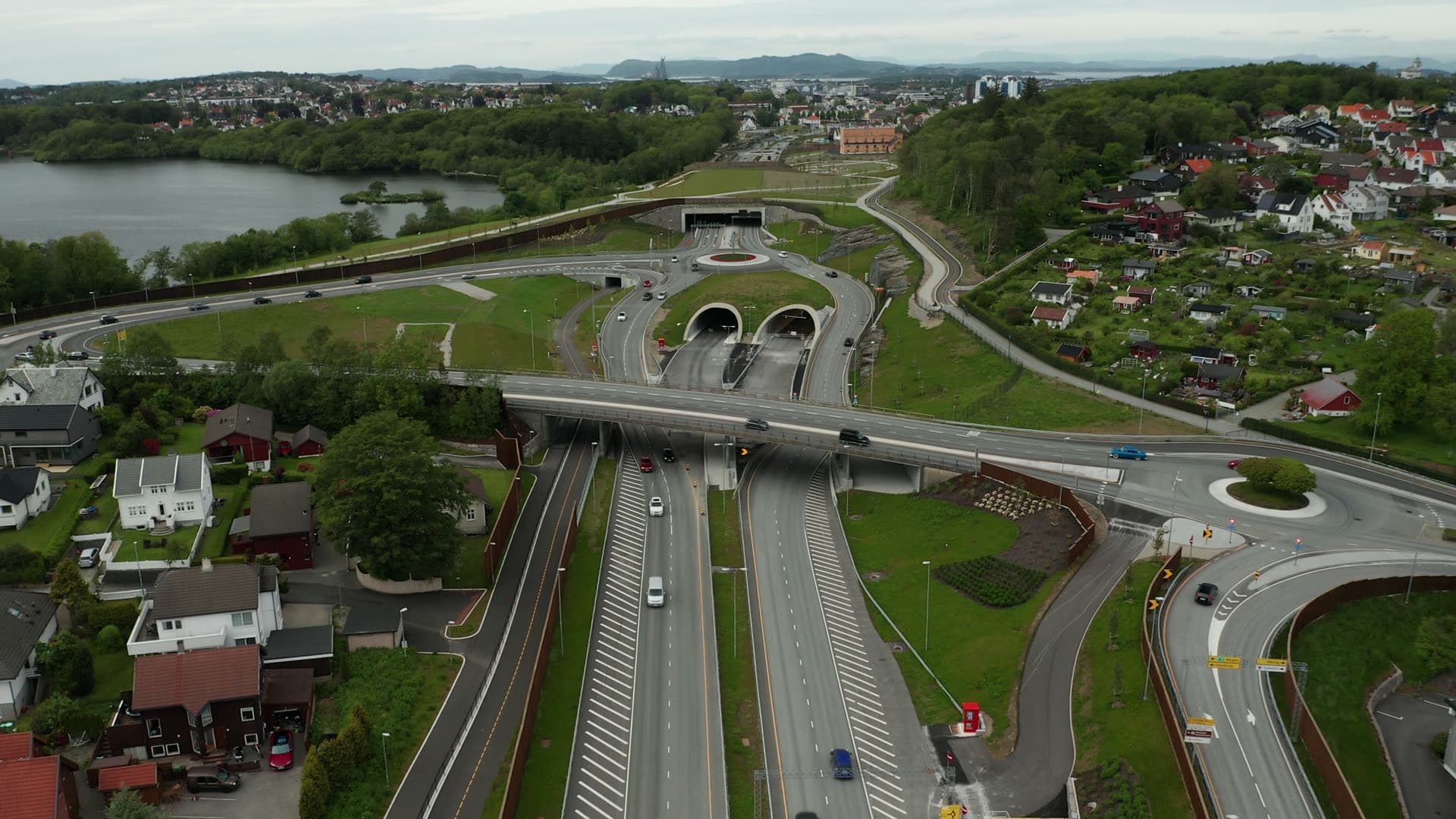 Highway tunnel with ecological roofing and traffic, Stavanger