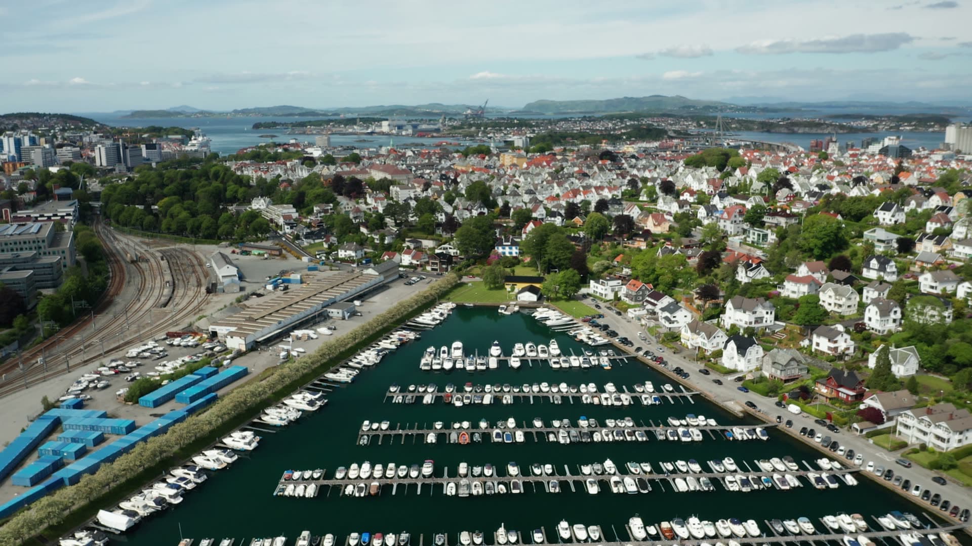 Large marina with moored sailboats, Stavanger