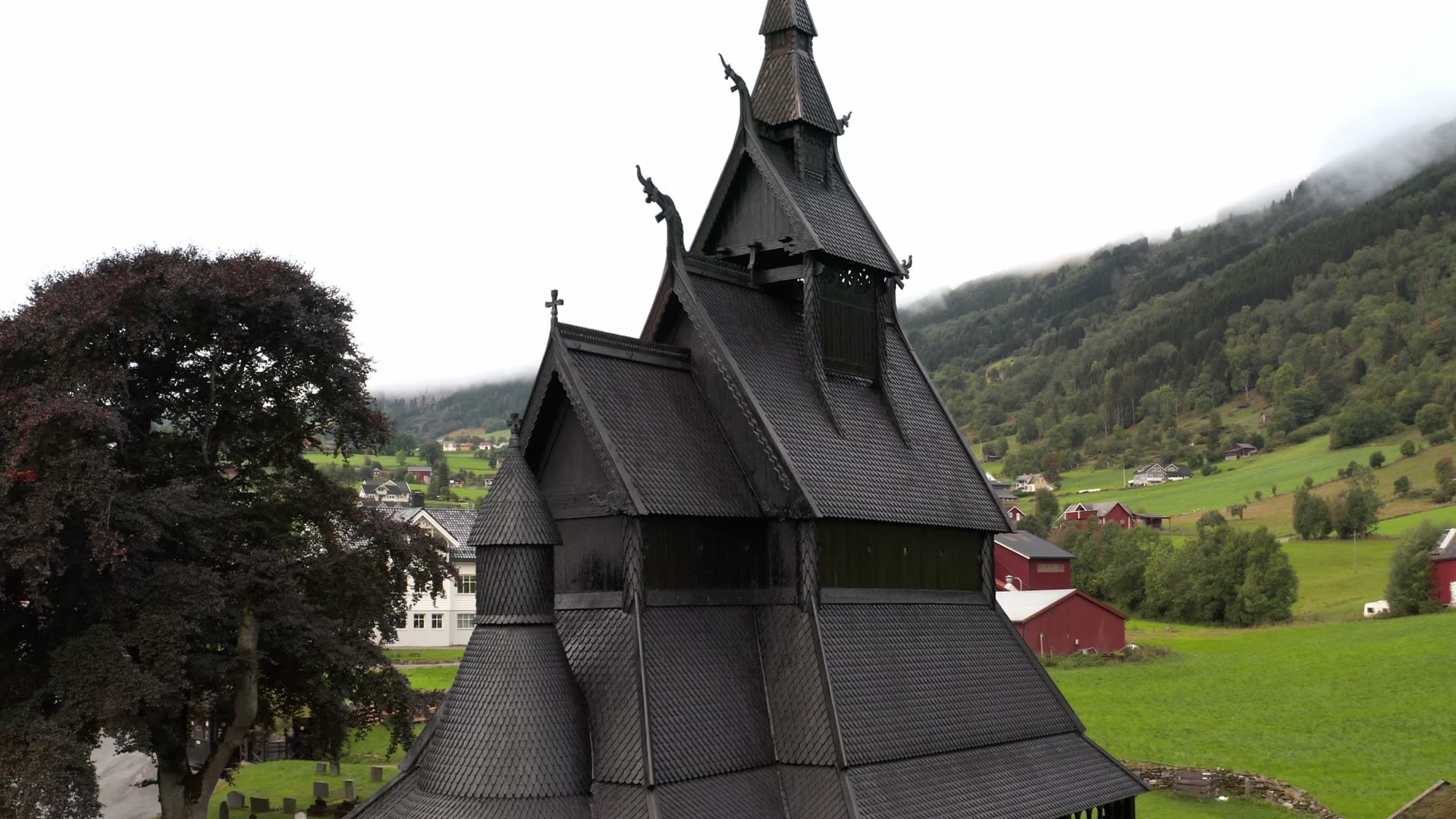 Black wooden stave church with dragon ornaments, Hopperstad stavkirke