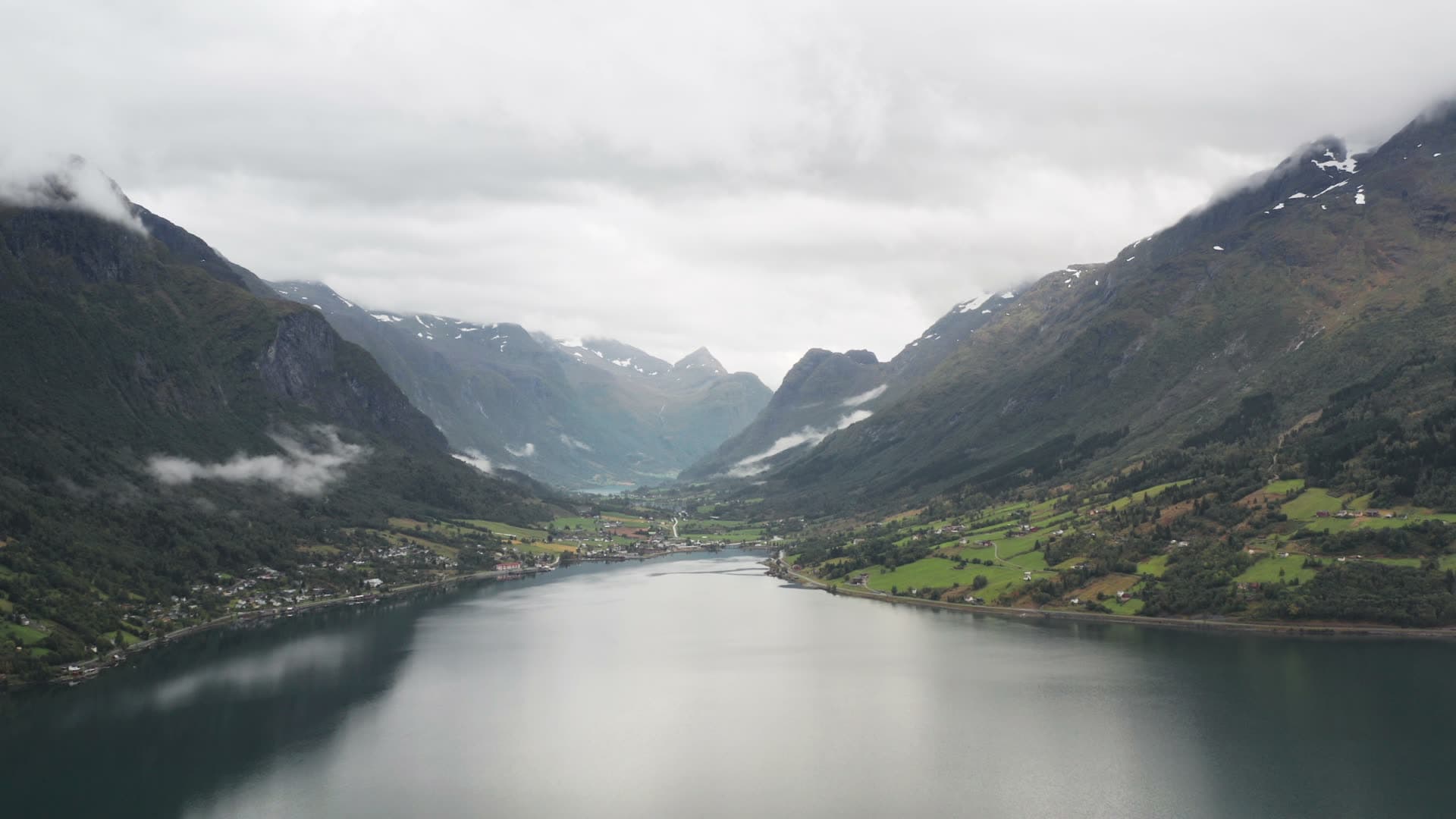 Alpine lake valley with mountain settlement, Innvikfjorden