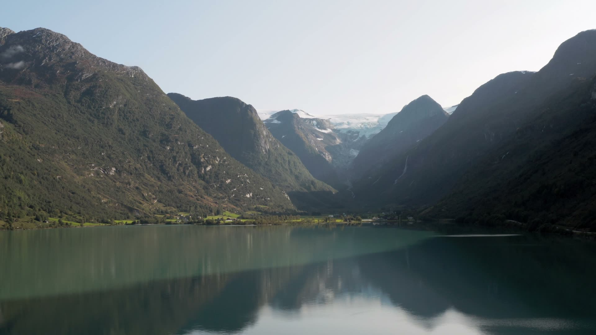 Mountain lake with glacier-fed valley reflections, Oldevatnet
