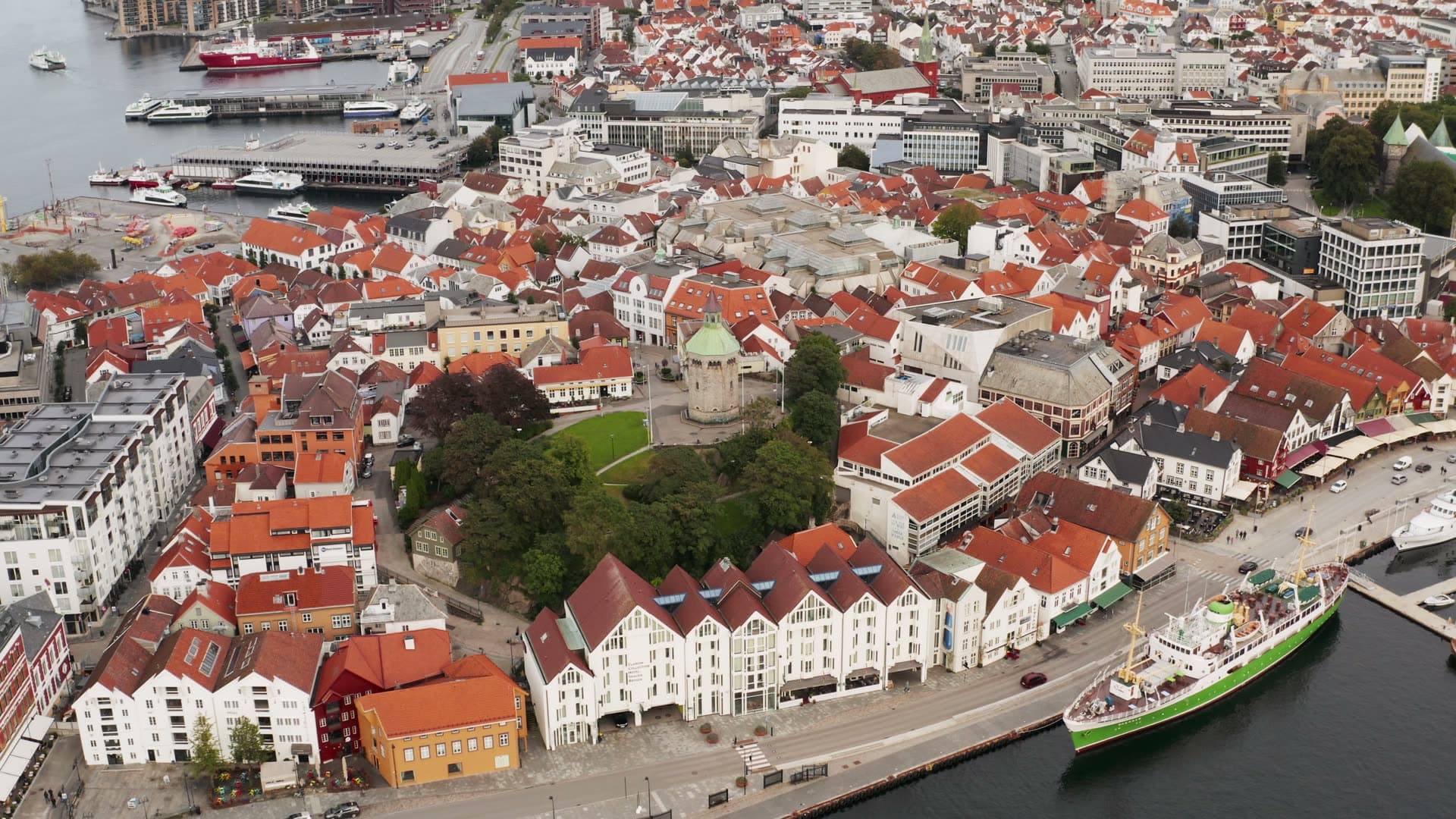 Historic red-roofed coastal city harbor, Stavanger