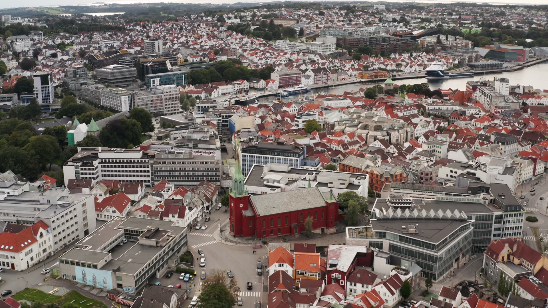Historic city center with distinctive red church, Stavanger