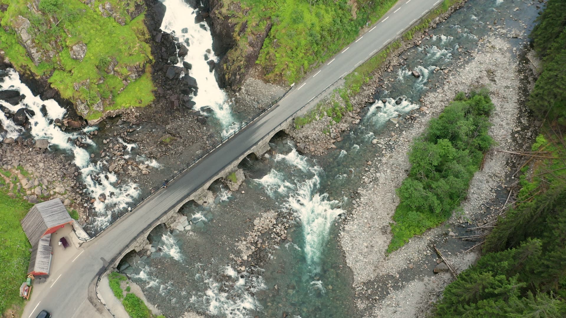 Mountain road alongside whitewater river, Låtefossen