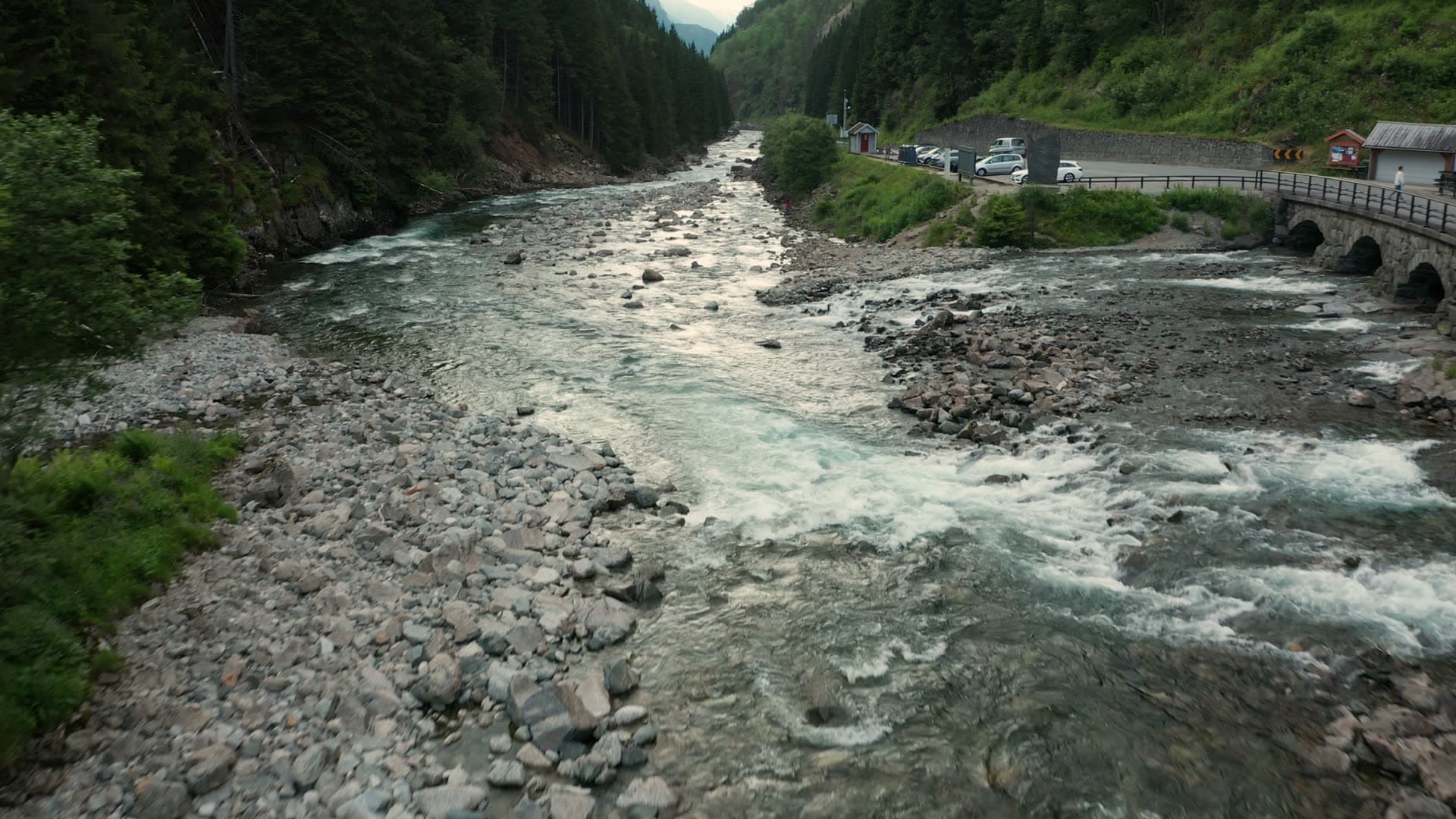 Alpine river flowing through mountain valley, Låtefossen
