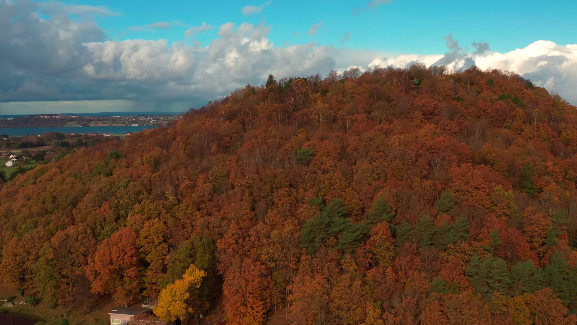 Forested hillside with autumn foliage and residential town, Gausel