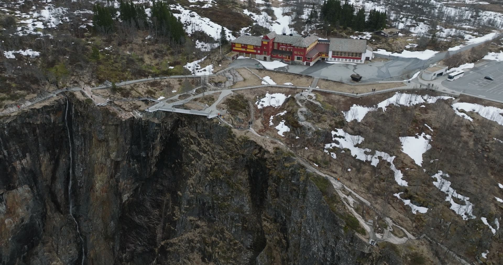 Columnar basalt cliff with visitor facility, Vøringsfossen