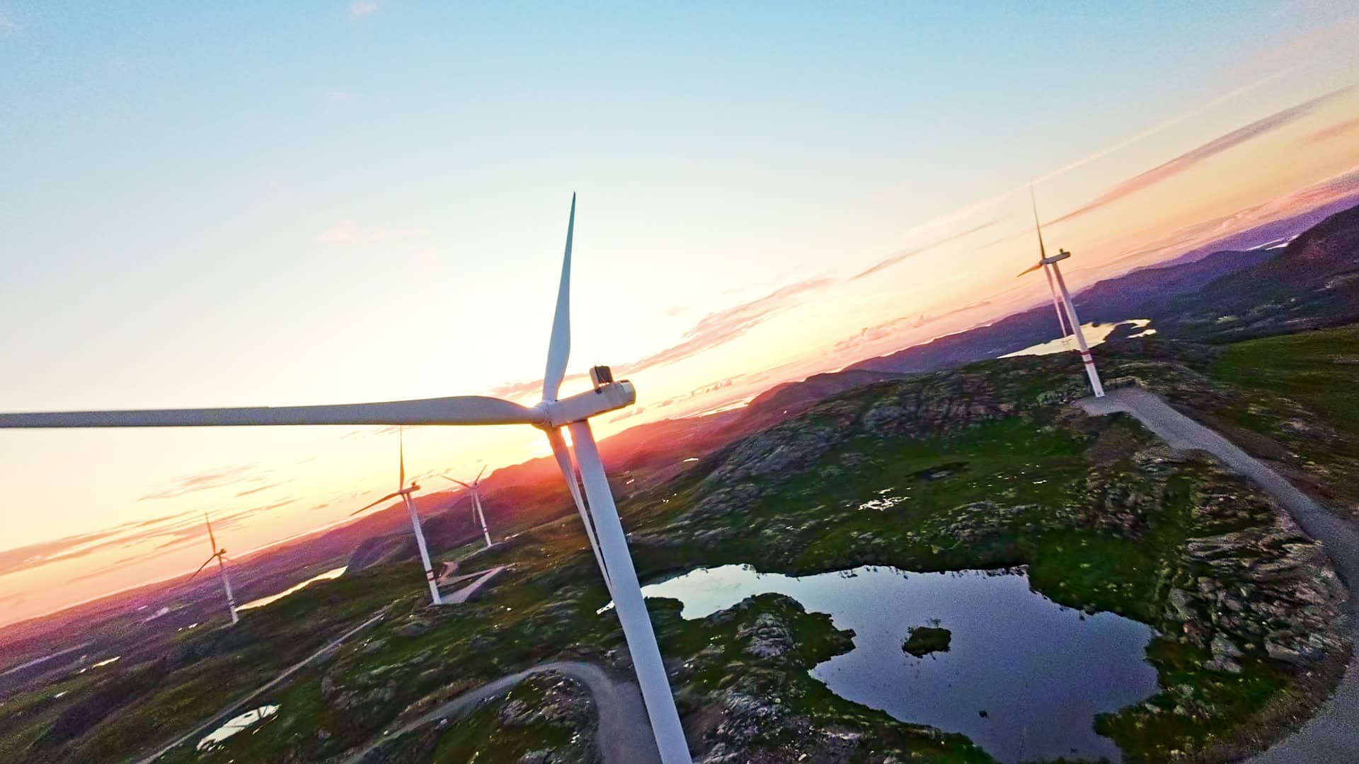 Wind turbines at golden hour sunset, Rogaland