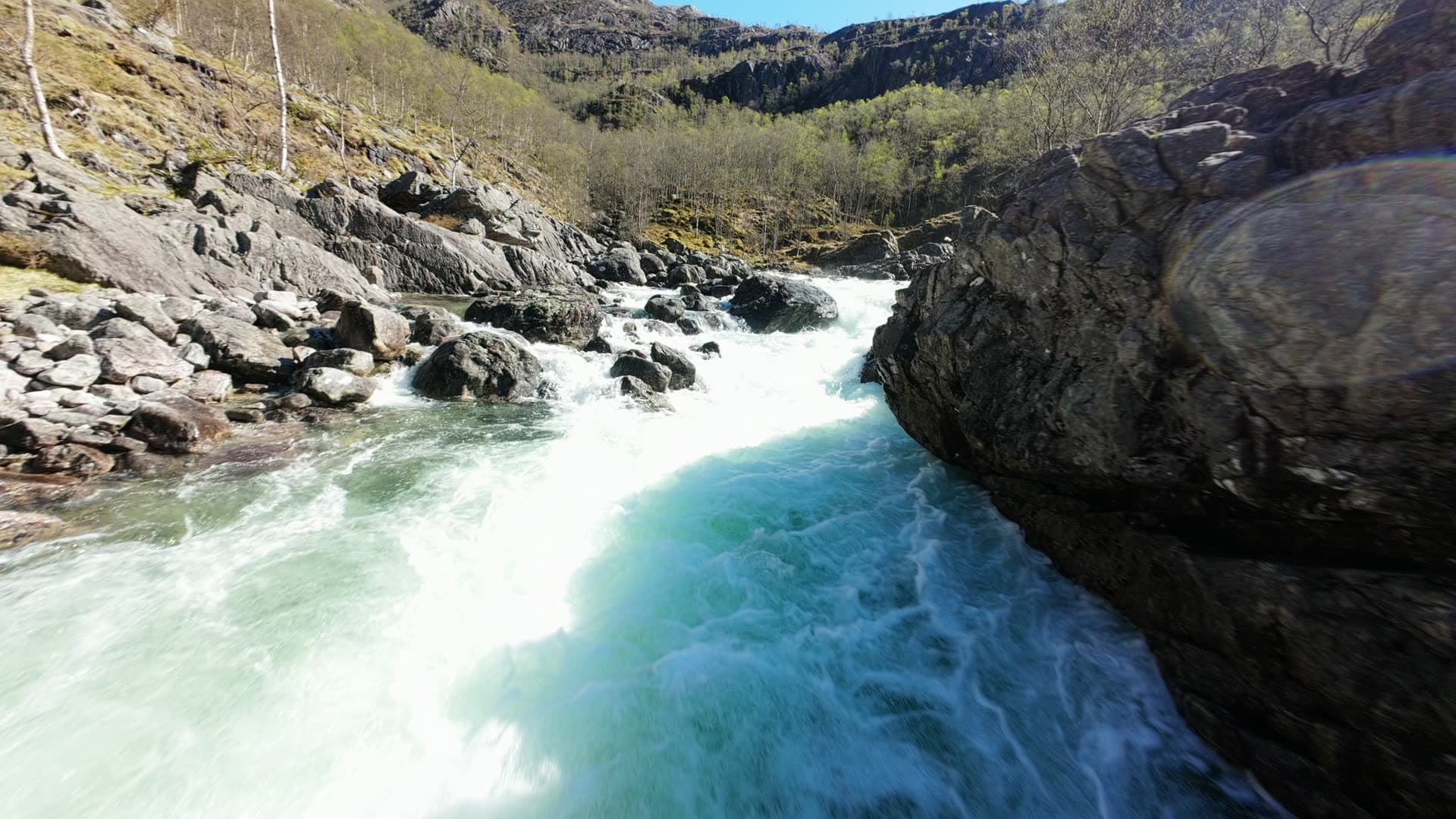 Mountain river gorge with whitewater rapids, Månafossen
