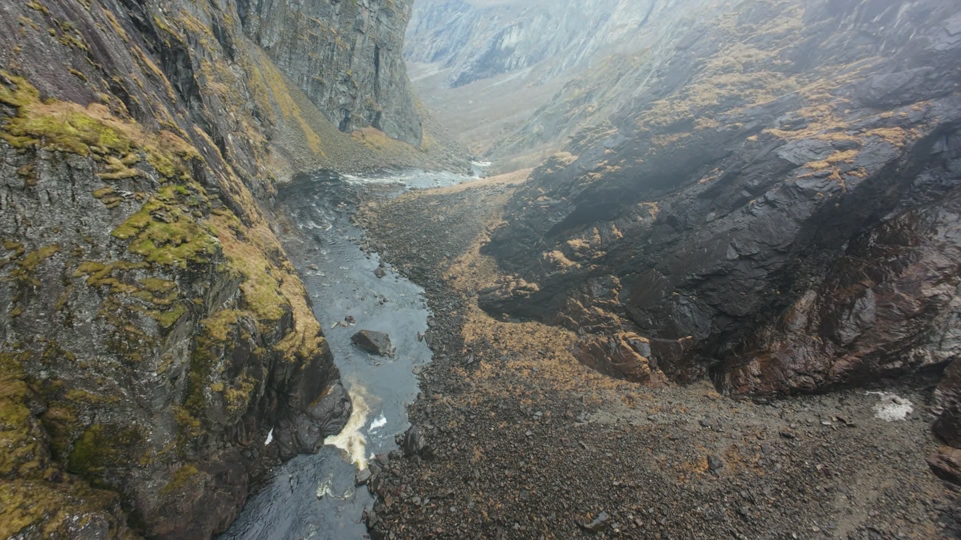 Mountain gorge footbridge river canyon, Vøringsfossen