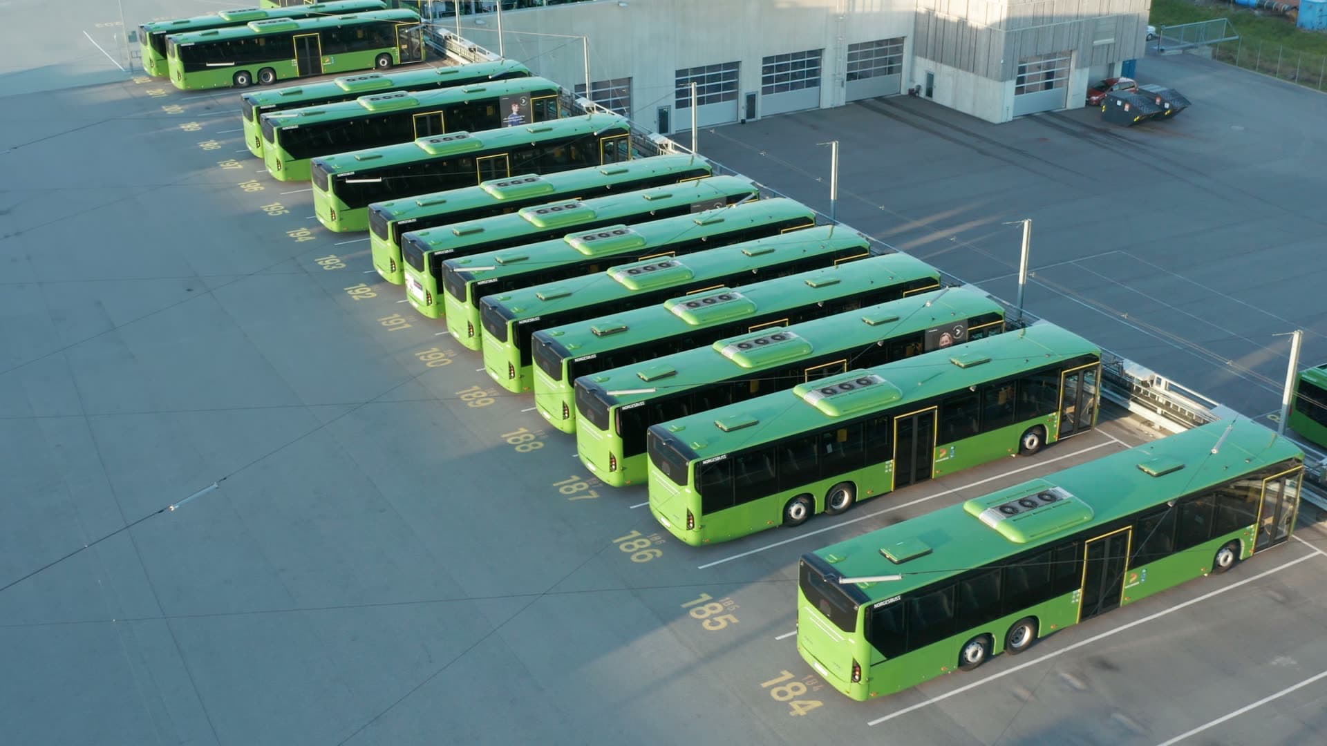 Kolumbus Electric bus fleet parked at depot, Forus