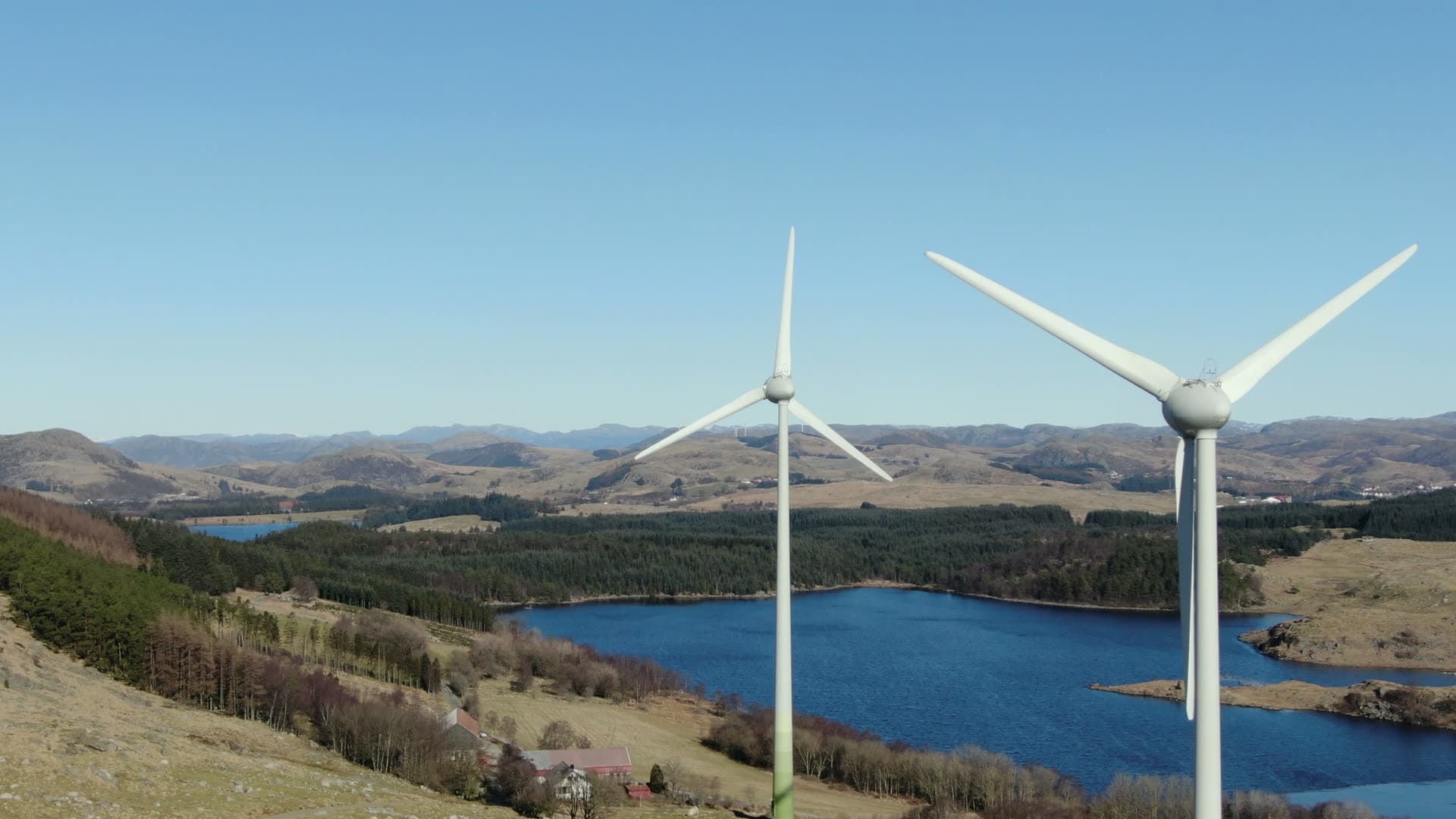 Wind turbines with valley and lake, Rogaland