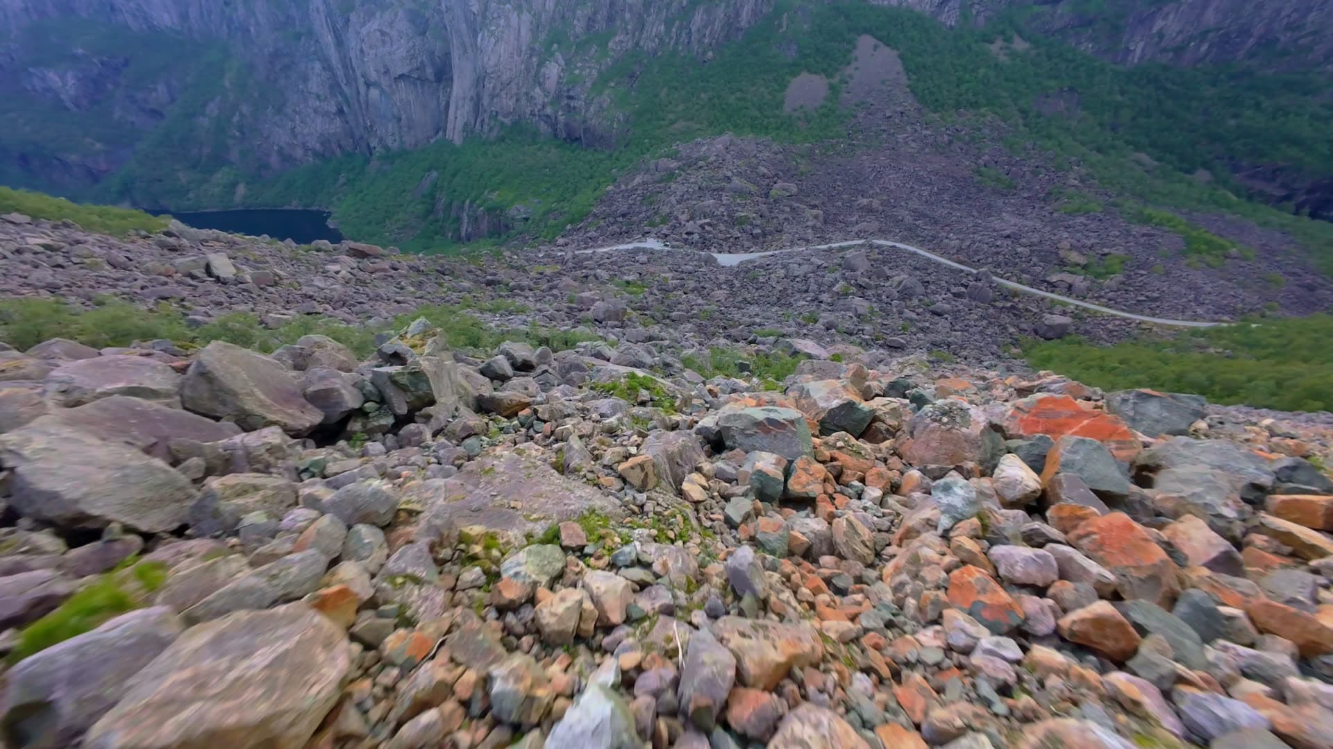 Rocky alpine valley floor with boulder field, Gloppedalsura