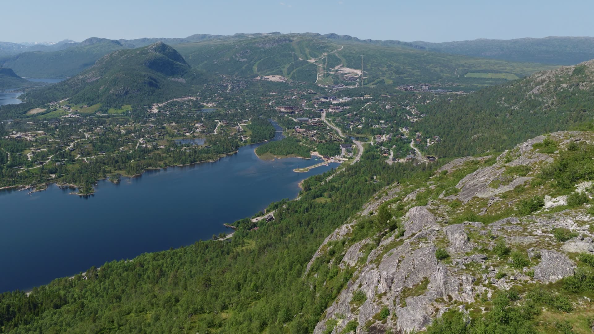 Mountain lake with forested valley, Hovden