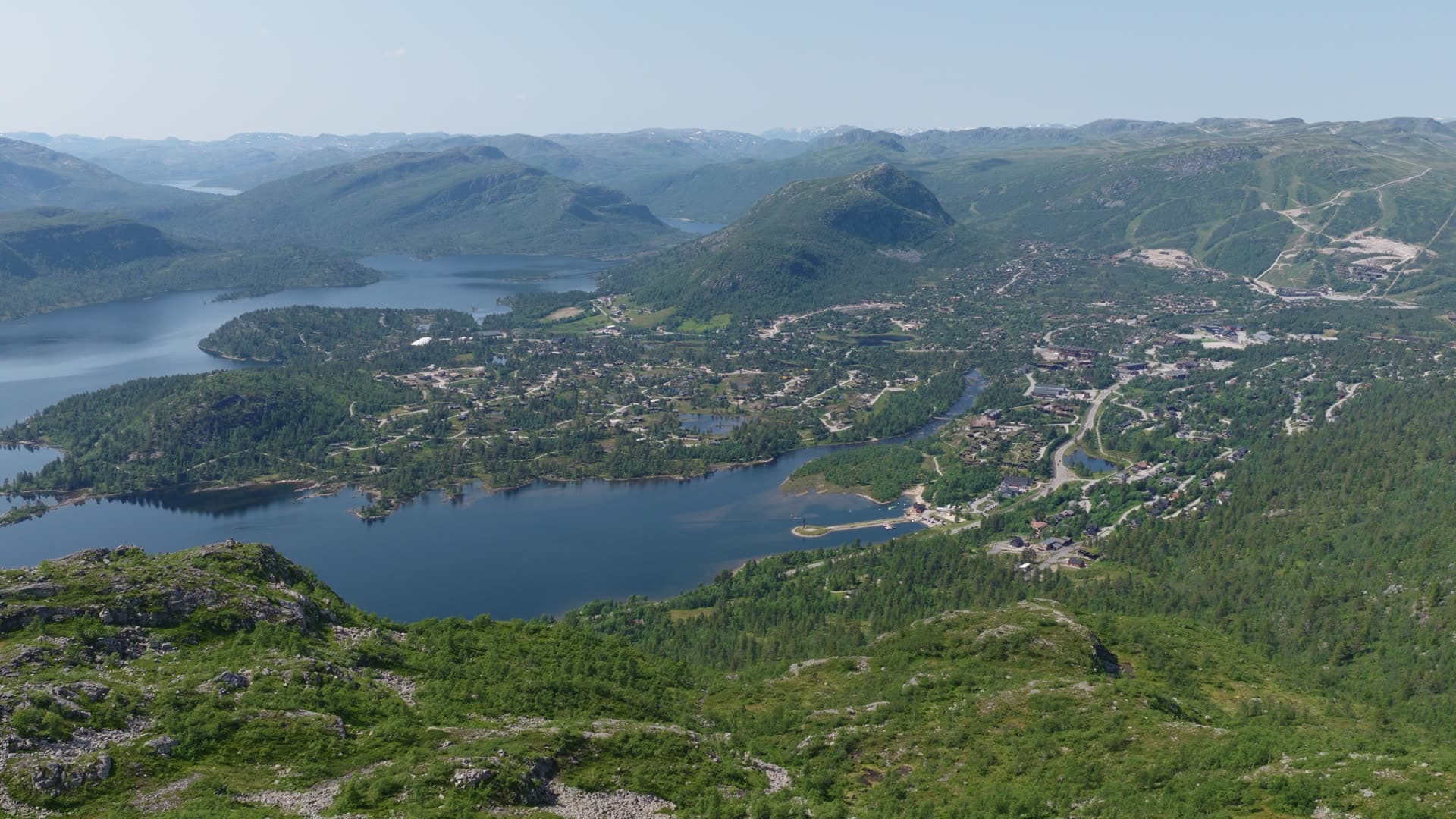 Mountain lake valley with forested slopes, Hovden