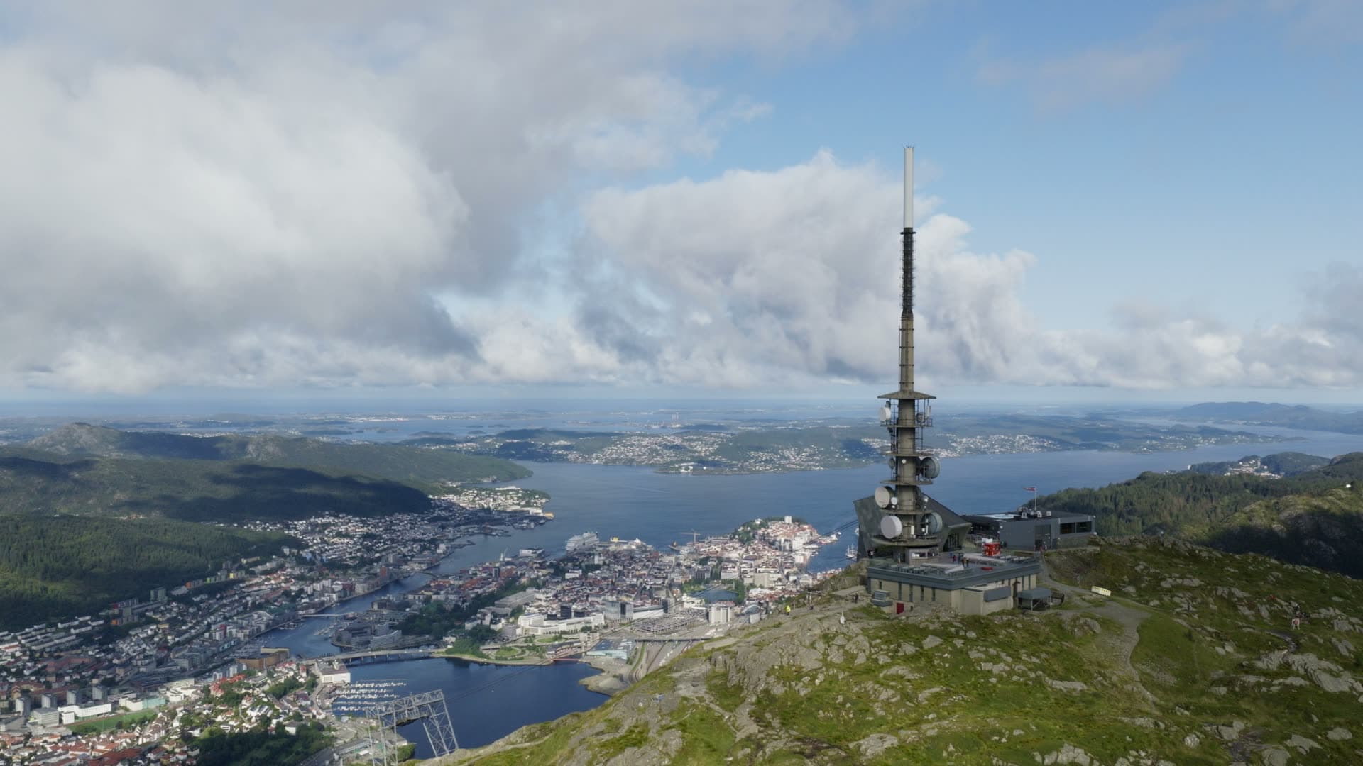Transmission tower on mountain peak, Alrekstad