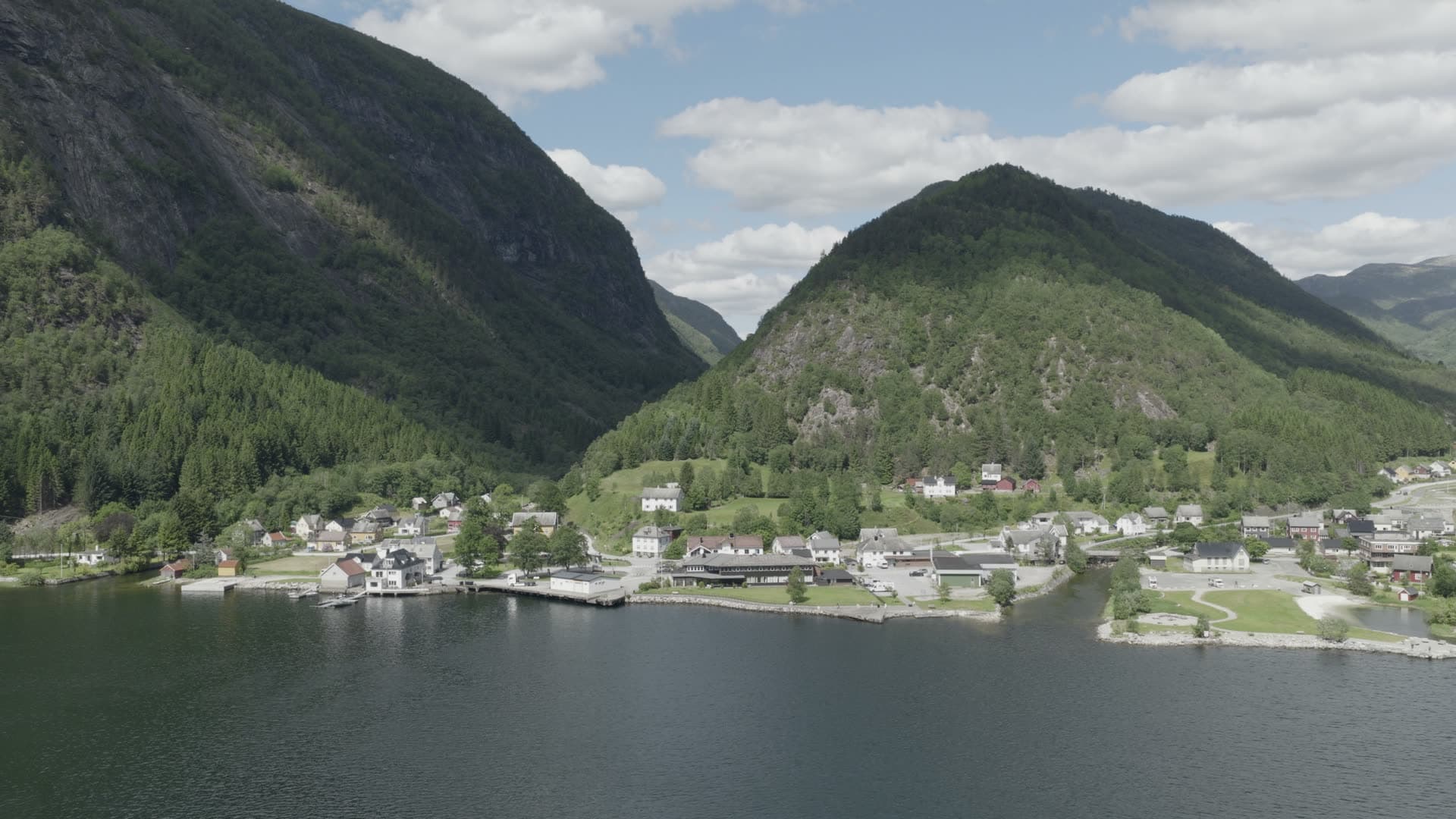 Fjord valley village with mountains, Vadheim