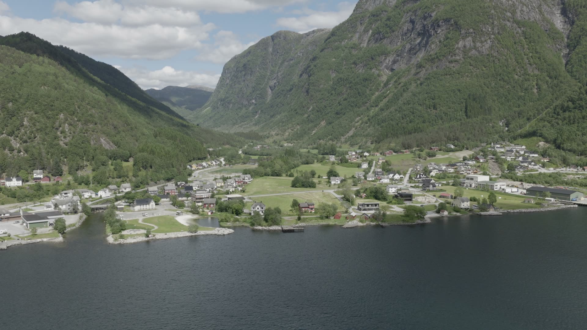 Alpine valley village and fjord landscape, Vadheim