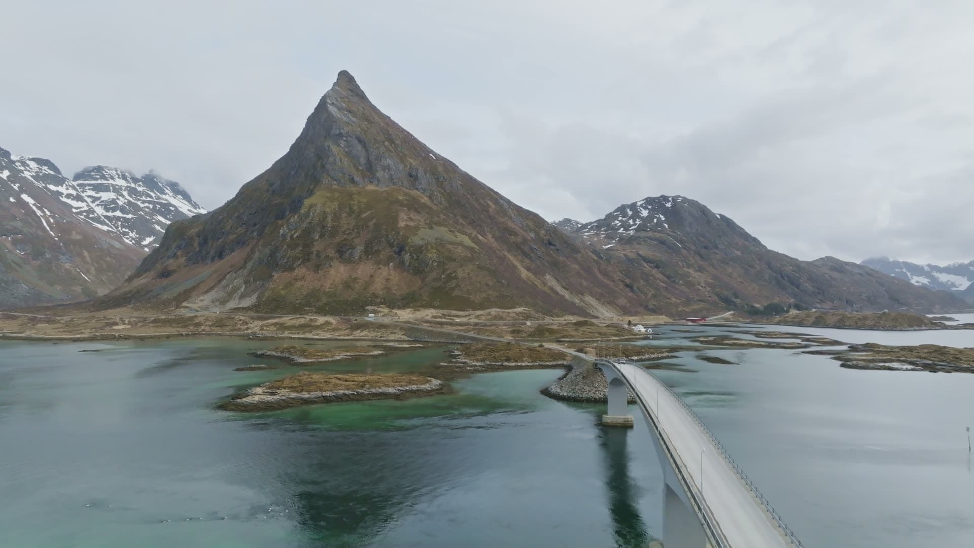 Conical mountain with causeway bridge, Flakstad