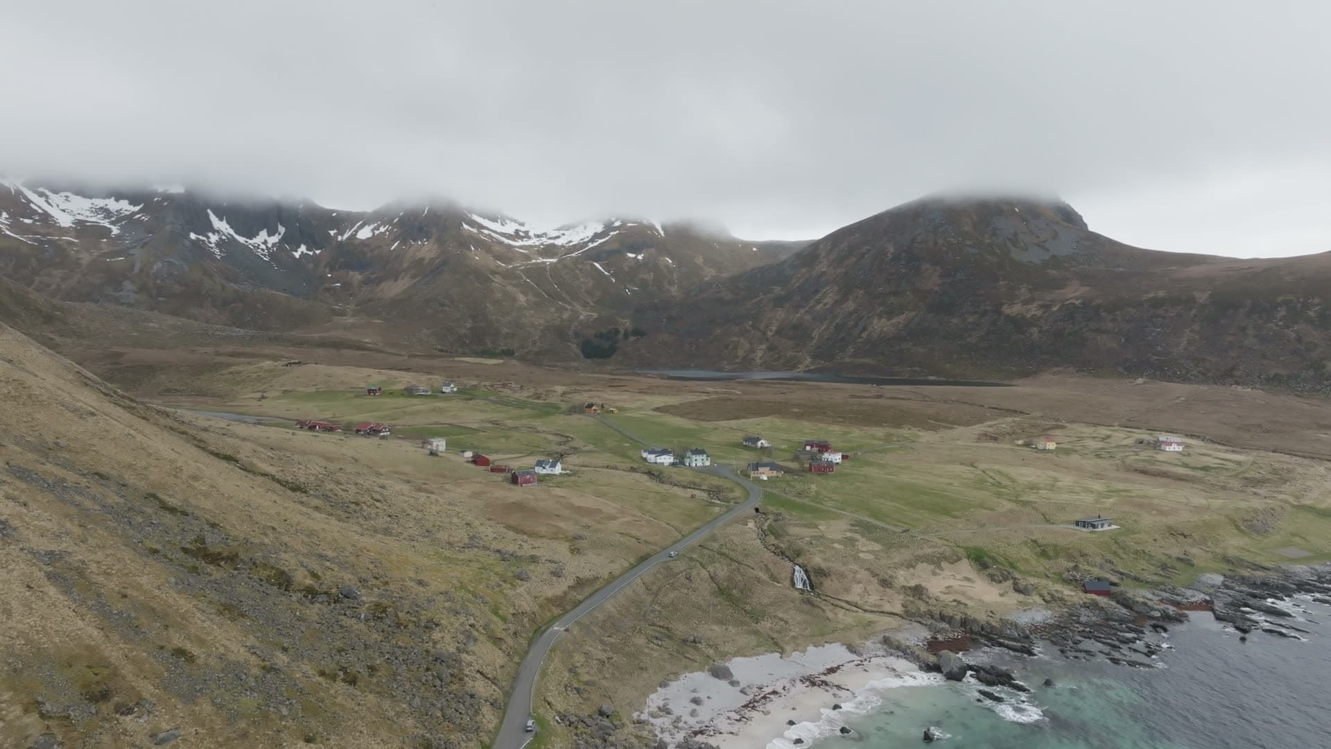 Remote coastal village in arctic valley, Myrland