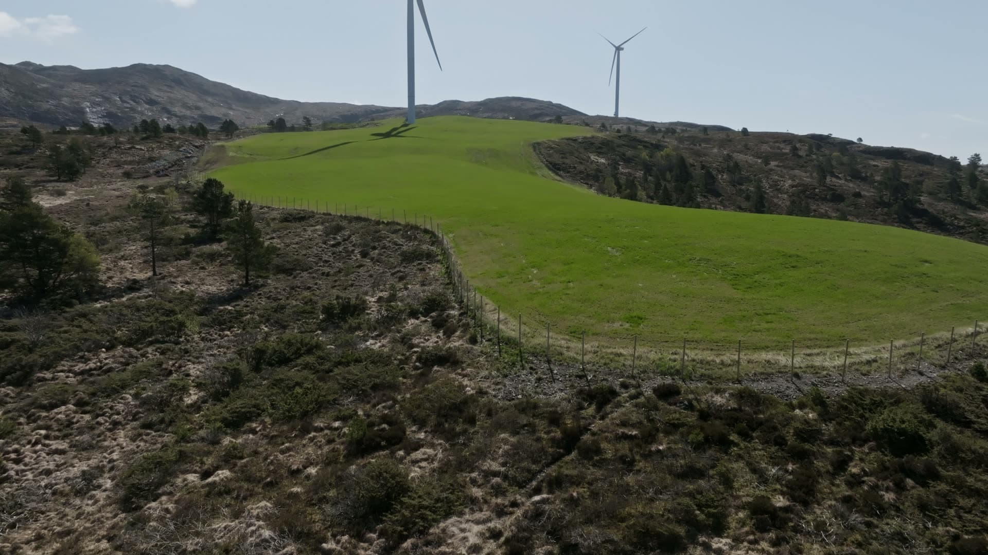 Wind turbines hillside pasture, Fitjar