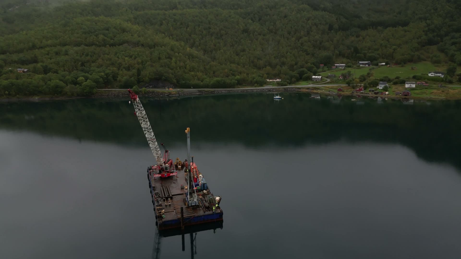 Industrial barge with crane in fjord, E6, Tennflog, Sørfold