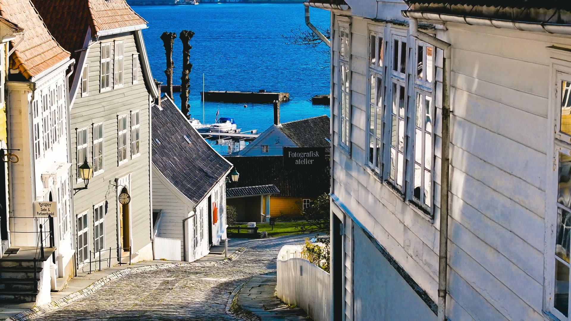 White wooden houses and harbor alley, Bergen