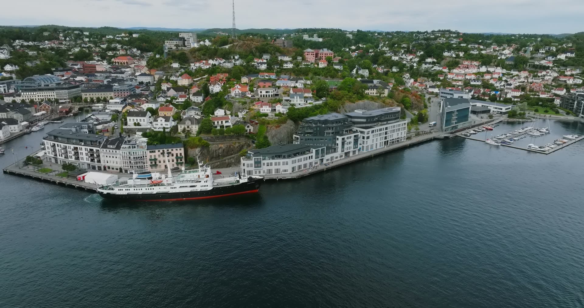 Black-hulled passenger ship at the quay, Arendal, Norway