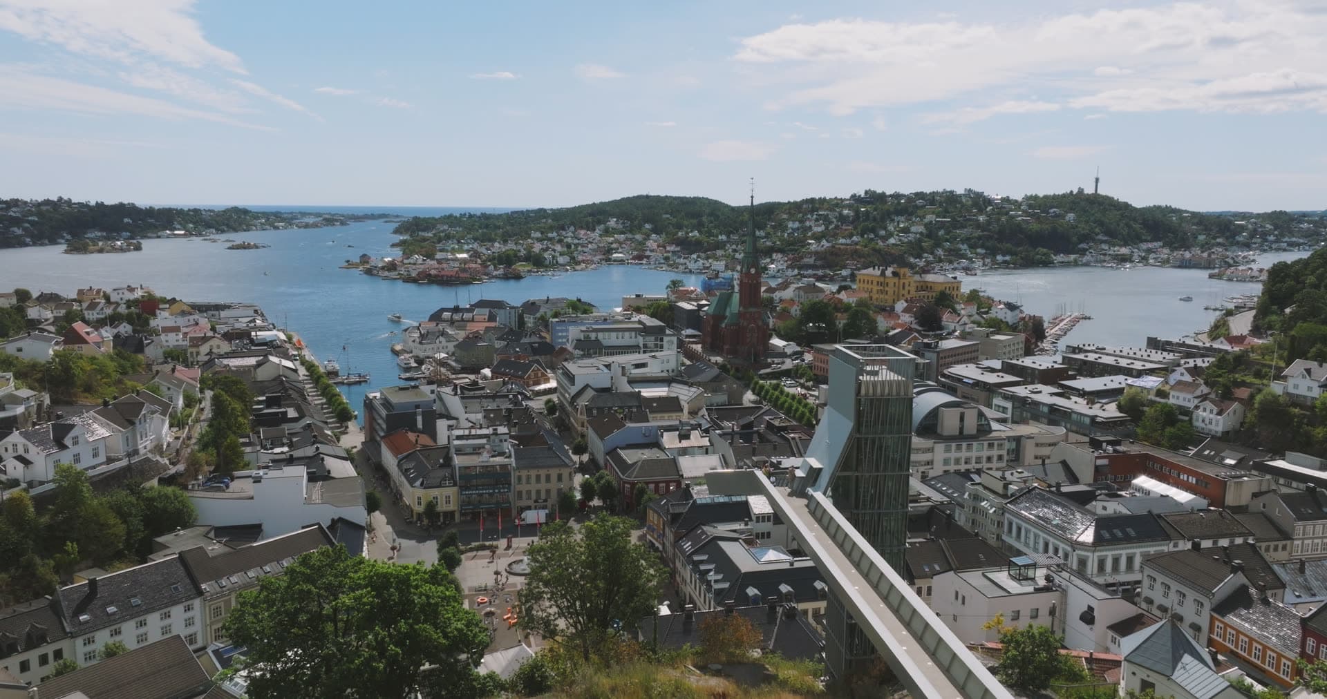 Hillside elevator over town center and harbor, Arendal, Norway