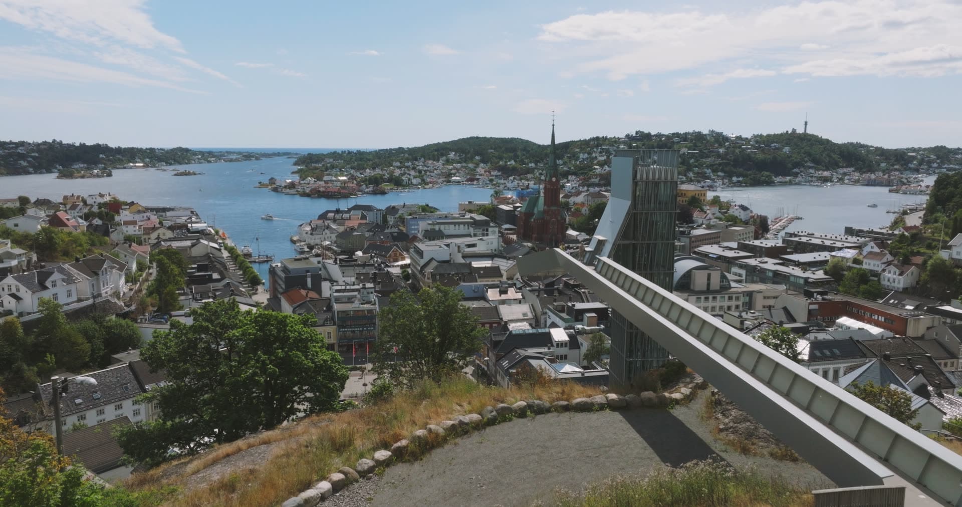 Hilltop viewpoint stairs above town center, Arendal, Norway