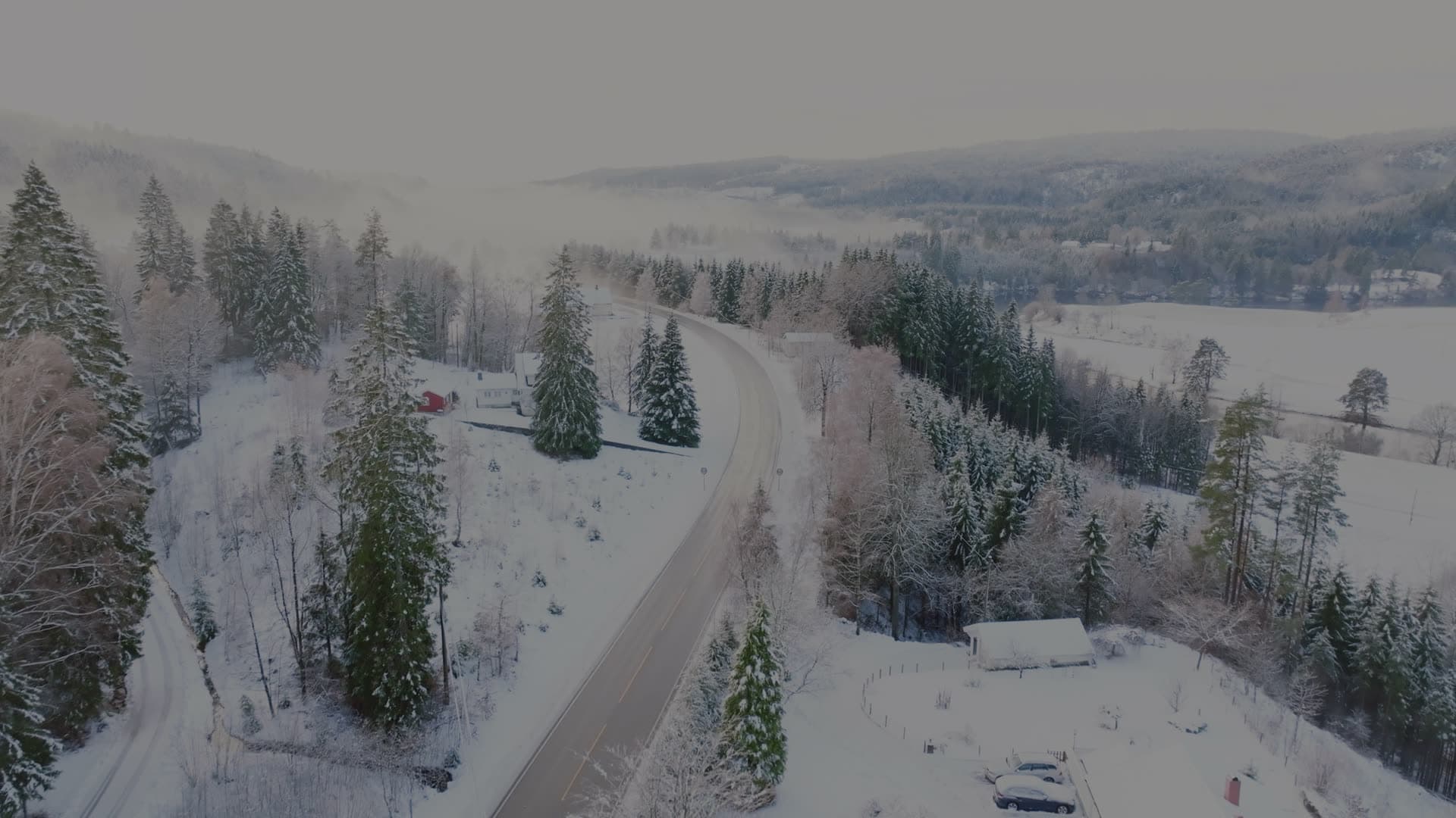 Curving road past red cabin in snowy spruce, Birkeland, Norway