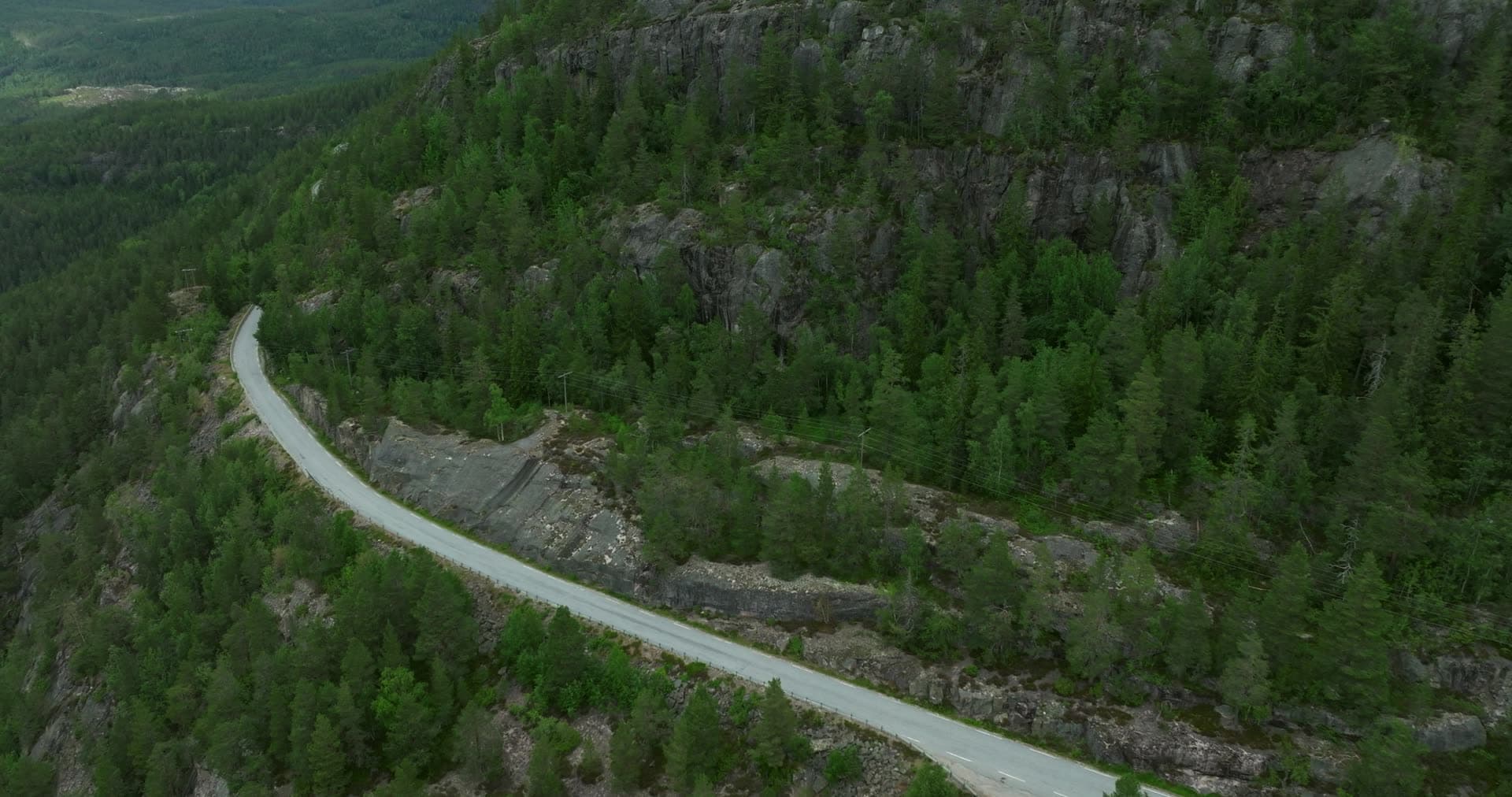 Road cut into rocky pine hillside, Fyresdal, Norway