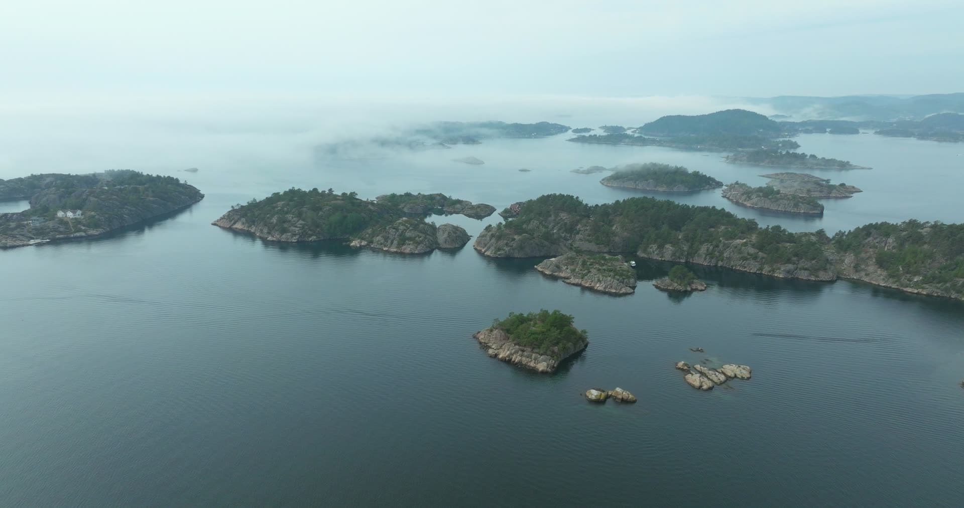 Fog drifting over pine-covered skerries, Høllen, Norway