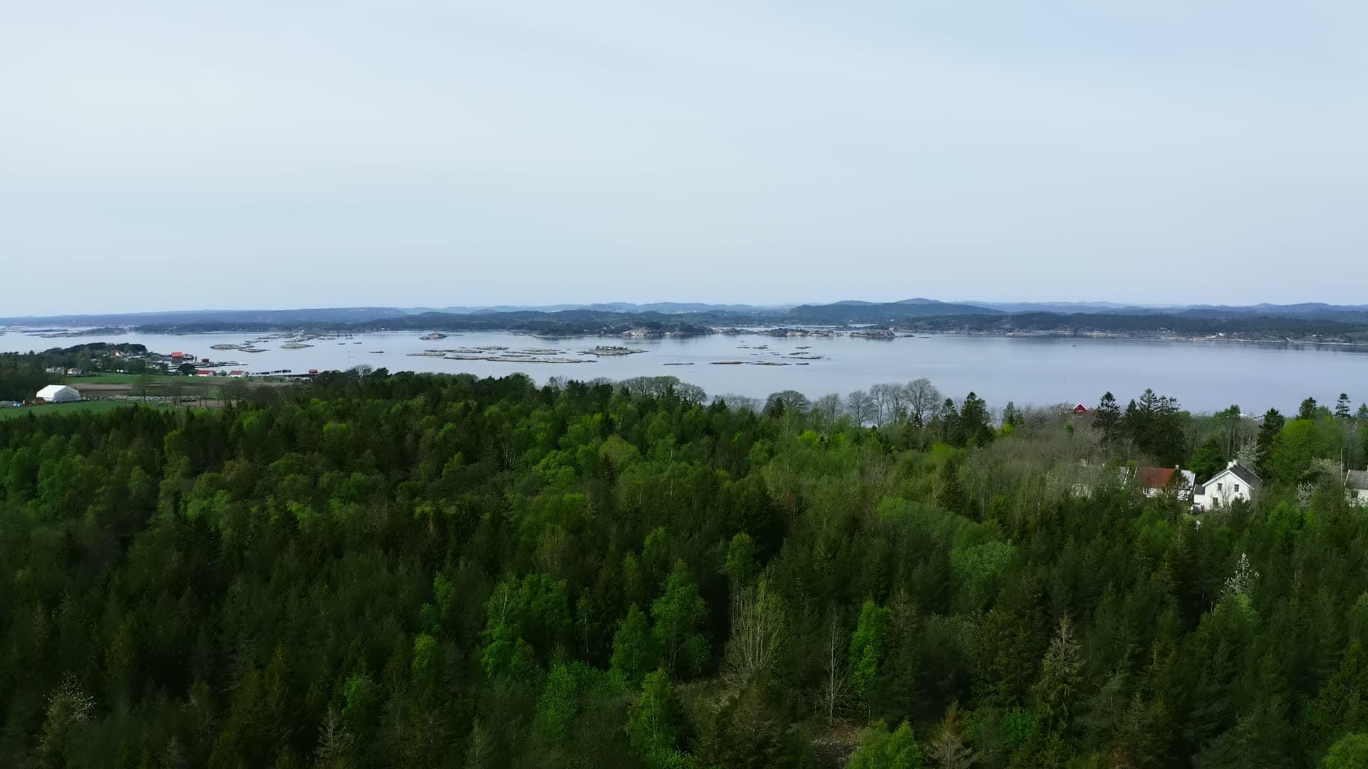 Forest ridge and stone beach by the lighthouse tower, Jomfruland, Norway