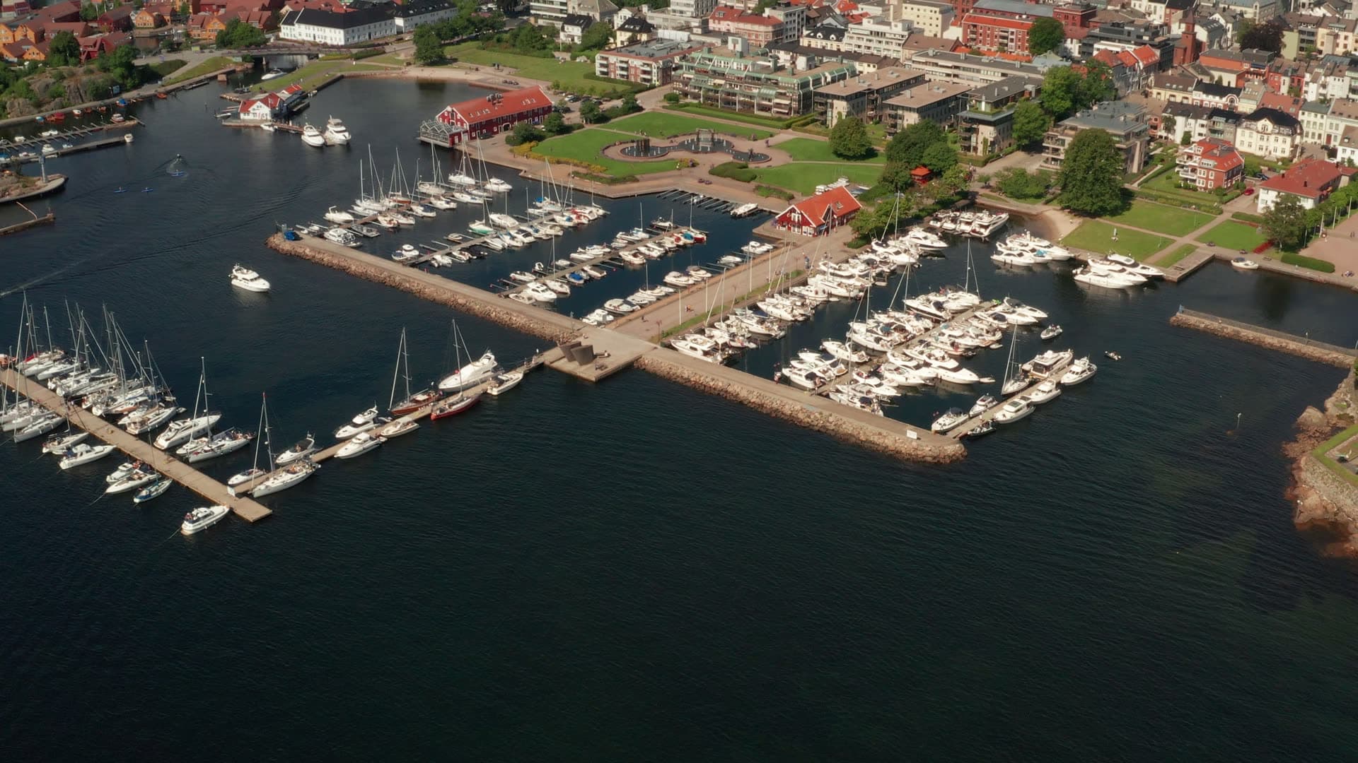 Marina behind breakwater below city center, Kristiansand, Norway