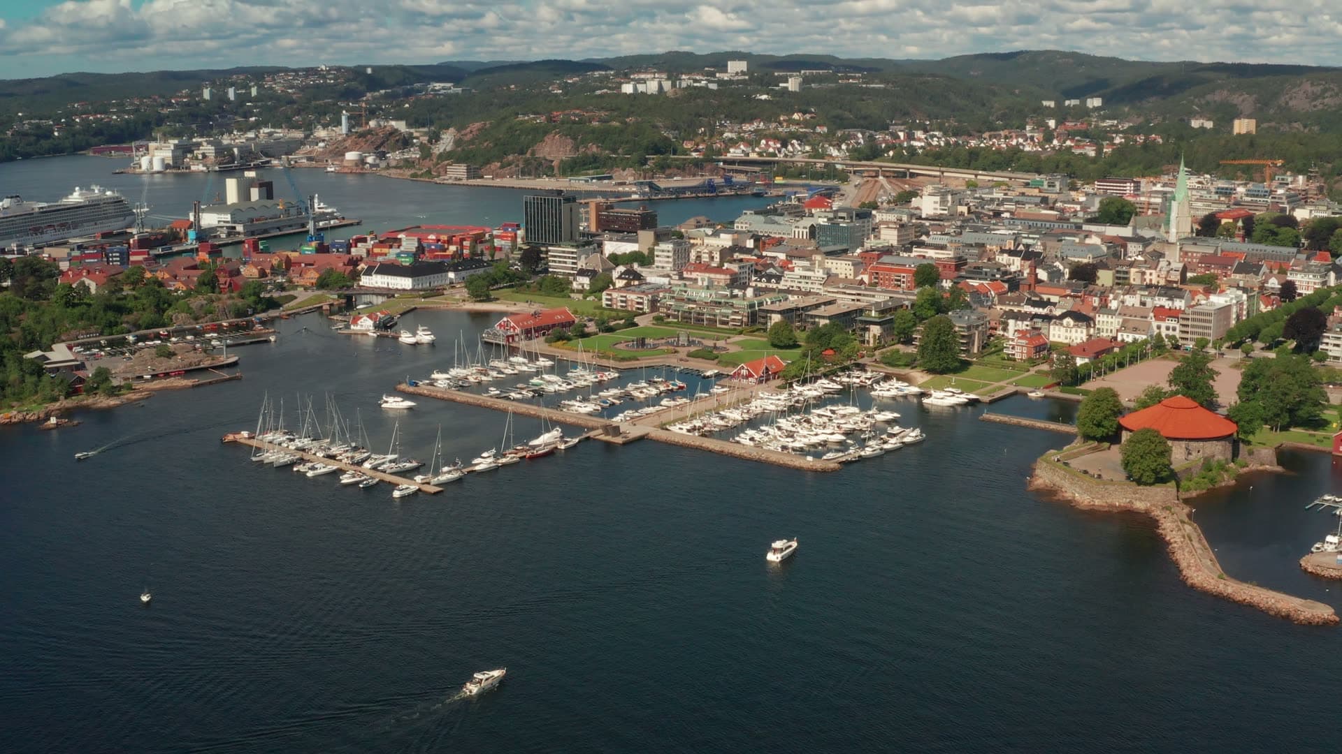 Marina and cruise ship port by red fort, Kristiansand, Norway