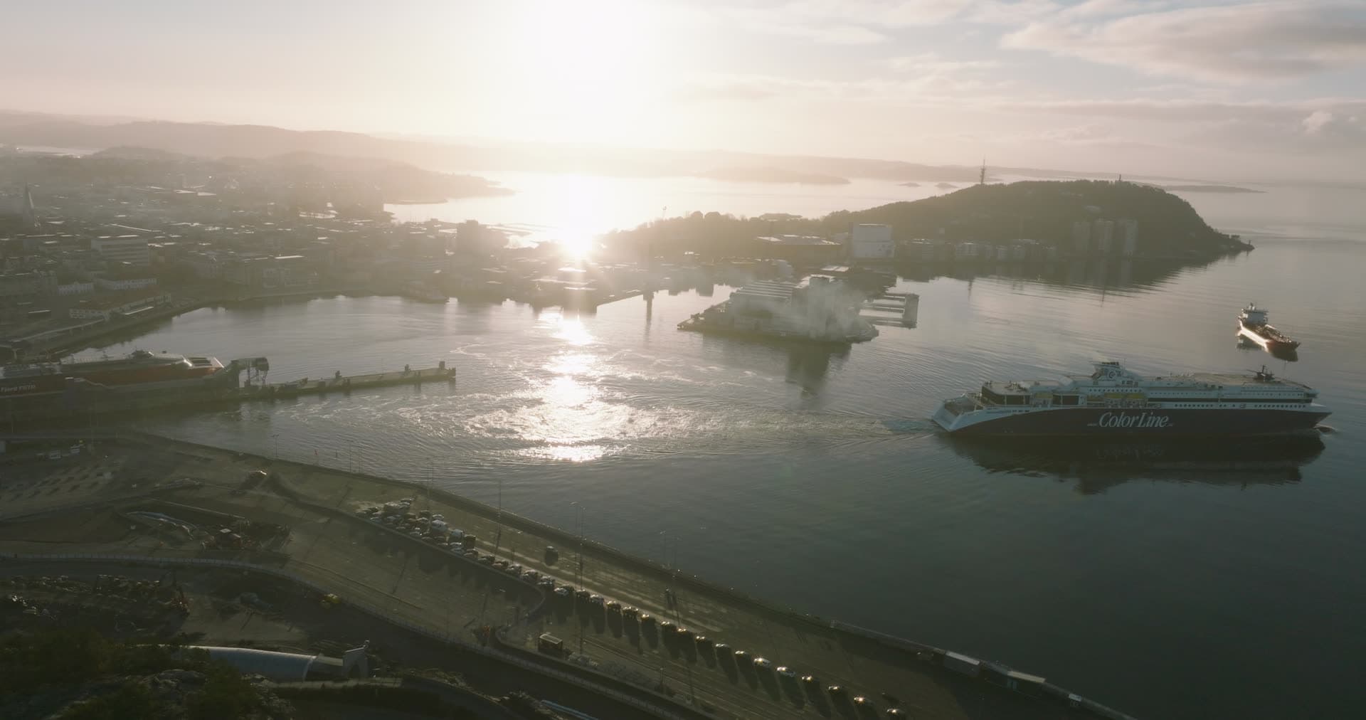 Sunrise over the harbour mouth, Kristiansand, Norway