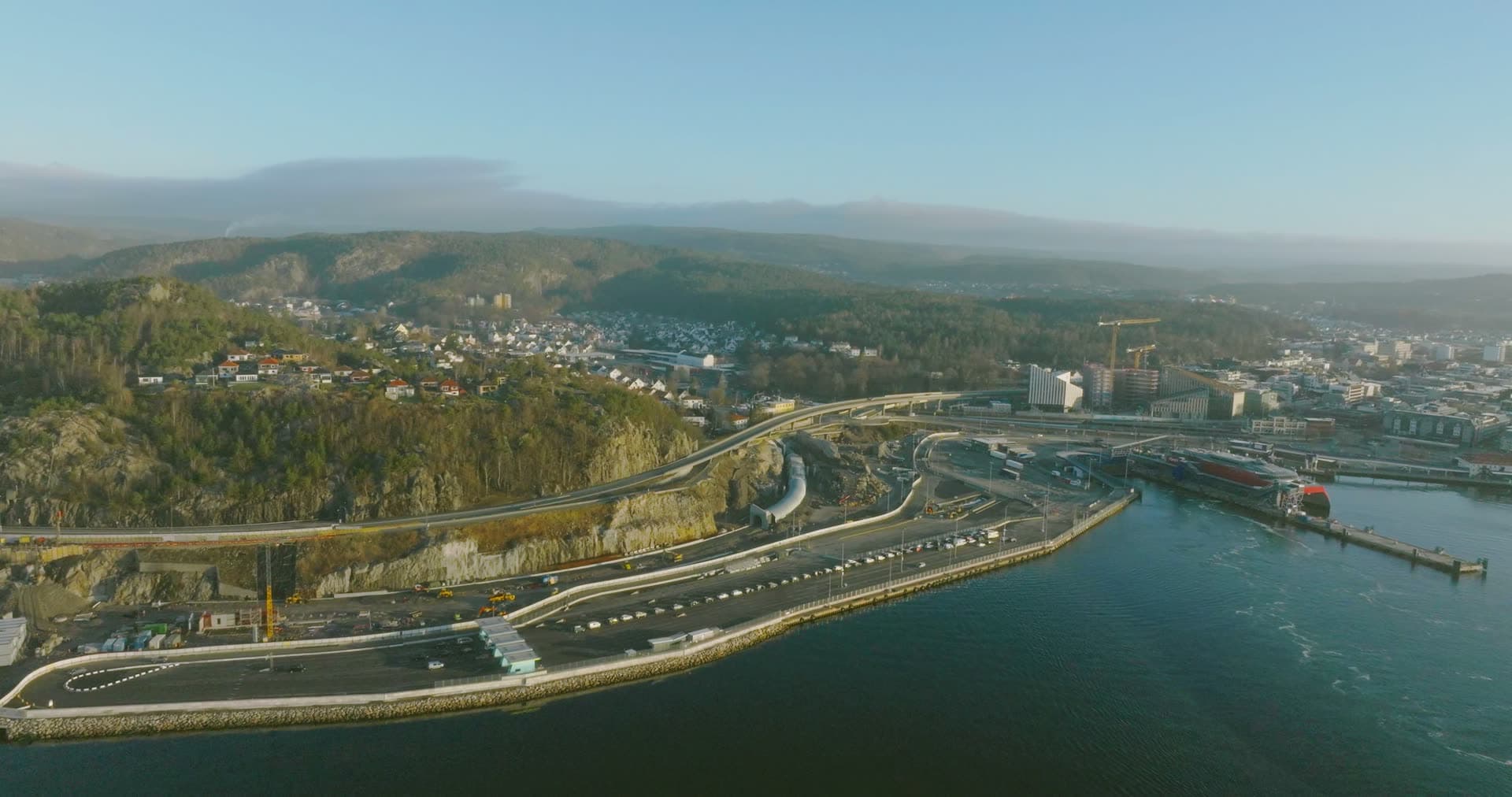Coastal road and quay construction site, Kristiansand, Norway